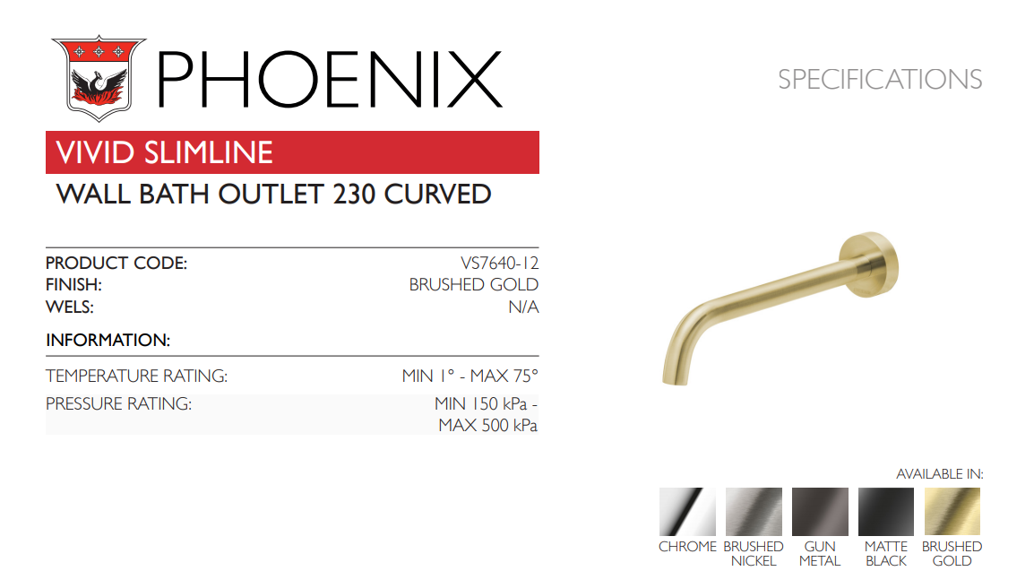 PHOENIX VIVID SLIMLINE LEAD FREE WALL BATH OUTLET 230MM BRUSHED GOLD