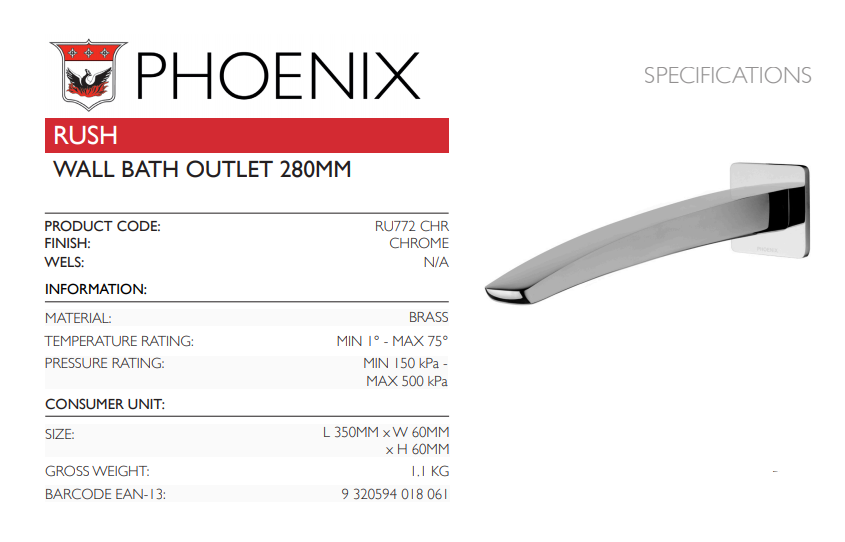 PHOENIX RUSH WALL BATH OUTLET 280MM CHROME