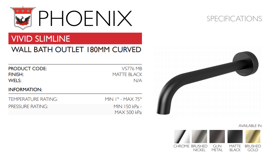 PHOENIX VIVID SLIMLINE LEAD FREE WALL BATH OUTLET 180MM MATTE BLACK