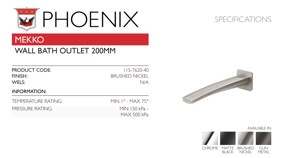 PHOENIX MEKKO LEAD FREE WALL BATH OUTLET 200MM BRUSHED NICKEL