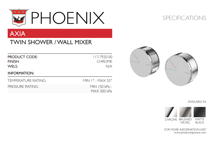 PHOENIX AXIA TWIN SHOWER WALL MIXER CHROME