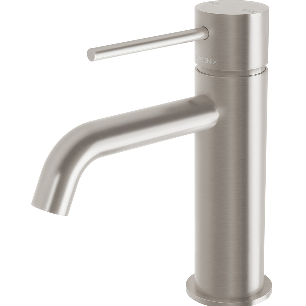 PHOENIX VIVID SLIMLINE LEAD FREE BASIN MIXER CURVED OUTLET BRUSHED NICKEL