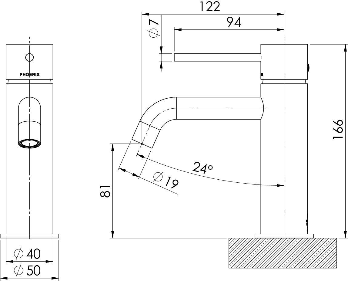 PHOENIX VIVID SLIMLINE BASIN MIXER OUTLET 166MM MATTE BLACK