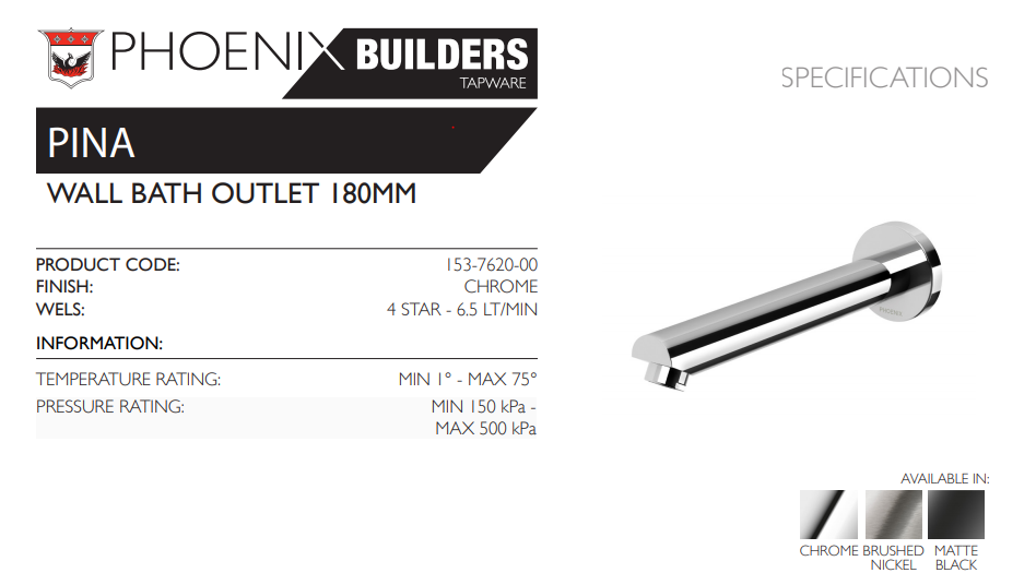 PHOENIX PINA WALL BATH / BASIN OUTLET 180MM CHROME