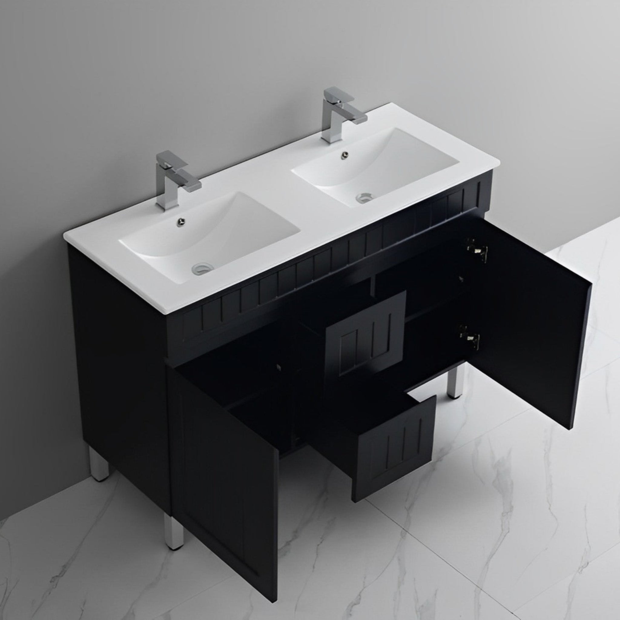 CETO ACACIA SHAKER MATTE BLACK 1200MM DOUBLE BOWL FLOOR STANDING VANITY