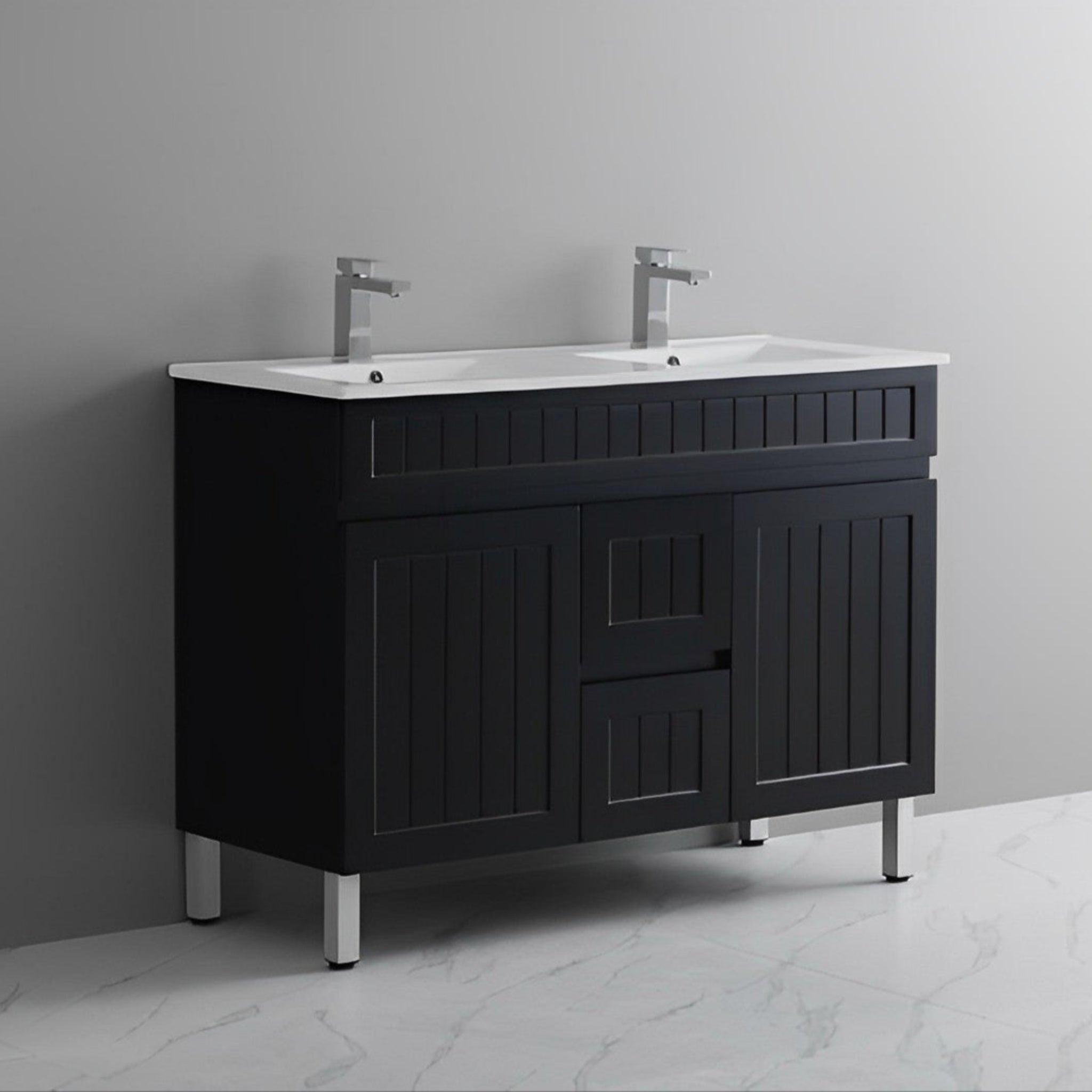 CETO ACACIA SHAKER MATTE BLACK 1200MM DOUBLE BOWL FLOOR STANDING VANITY
