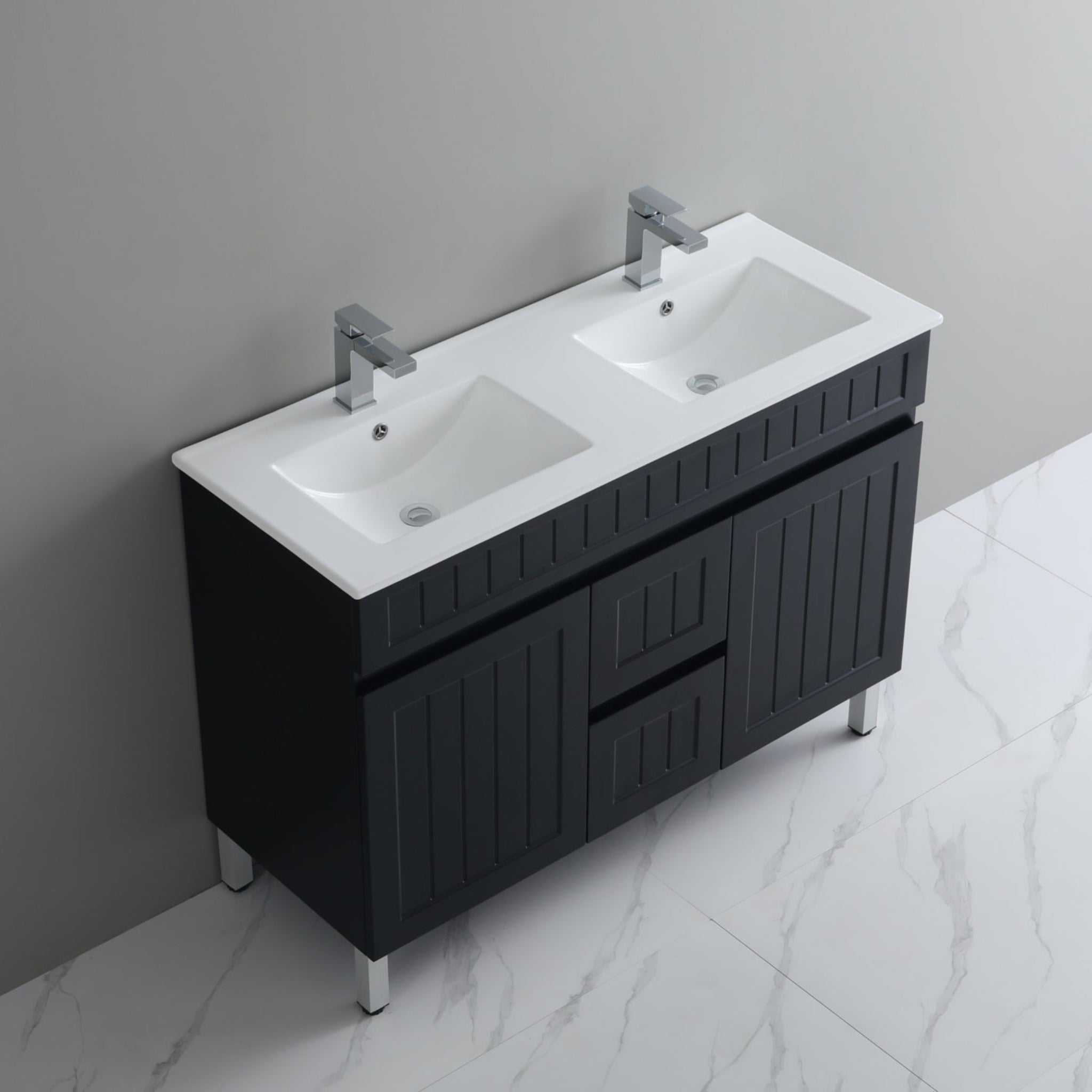 CETO ACACIA SHAKER MATTE BLACK 1200MM DOUBLE BOWL FLOOR STANDING VANITY