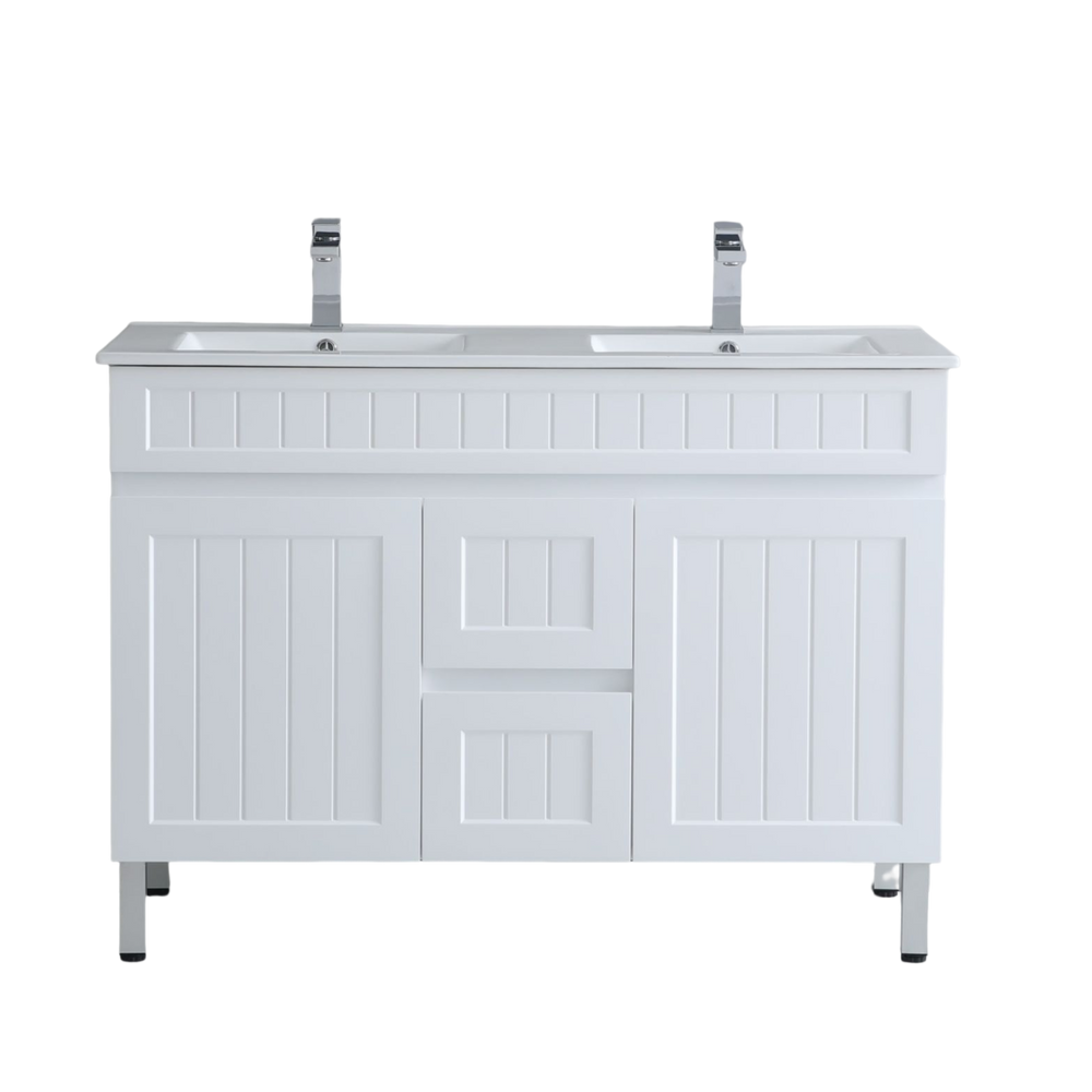 CETO ACACIA SHAKER MATTE WHITE 1200MM DOUBLE BOWL FLOOR STANDING VANITY
