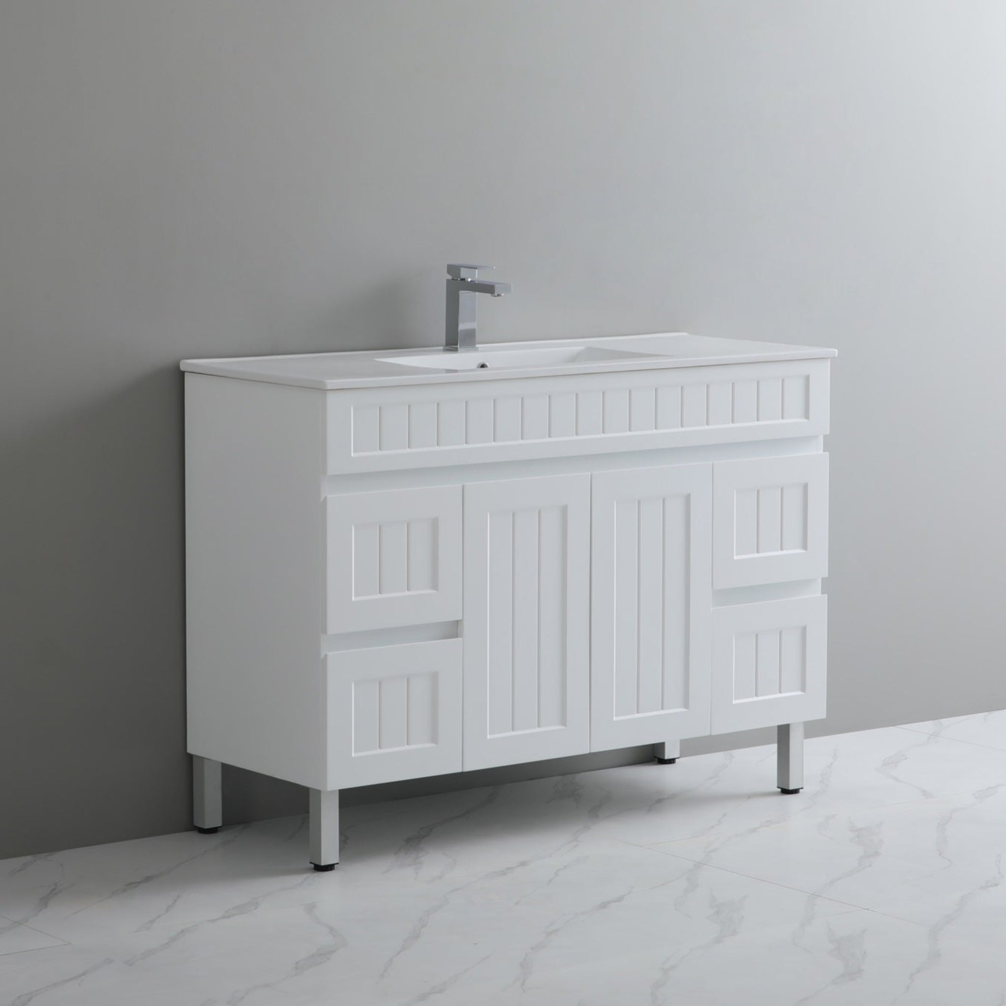 CETO ACACIA SHAKER MATTE WHITE 1200MM SINGLE BOWL FLOOR STANDING VANITY