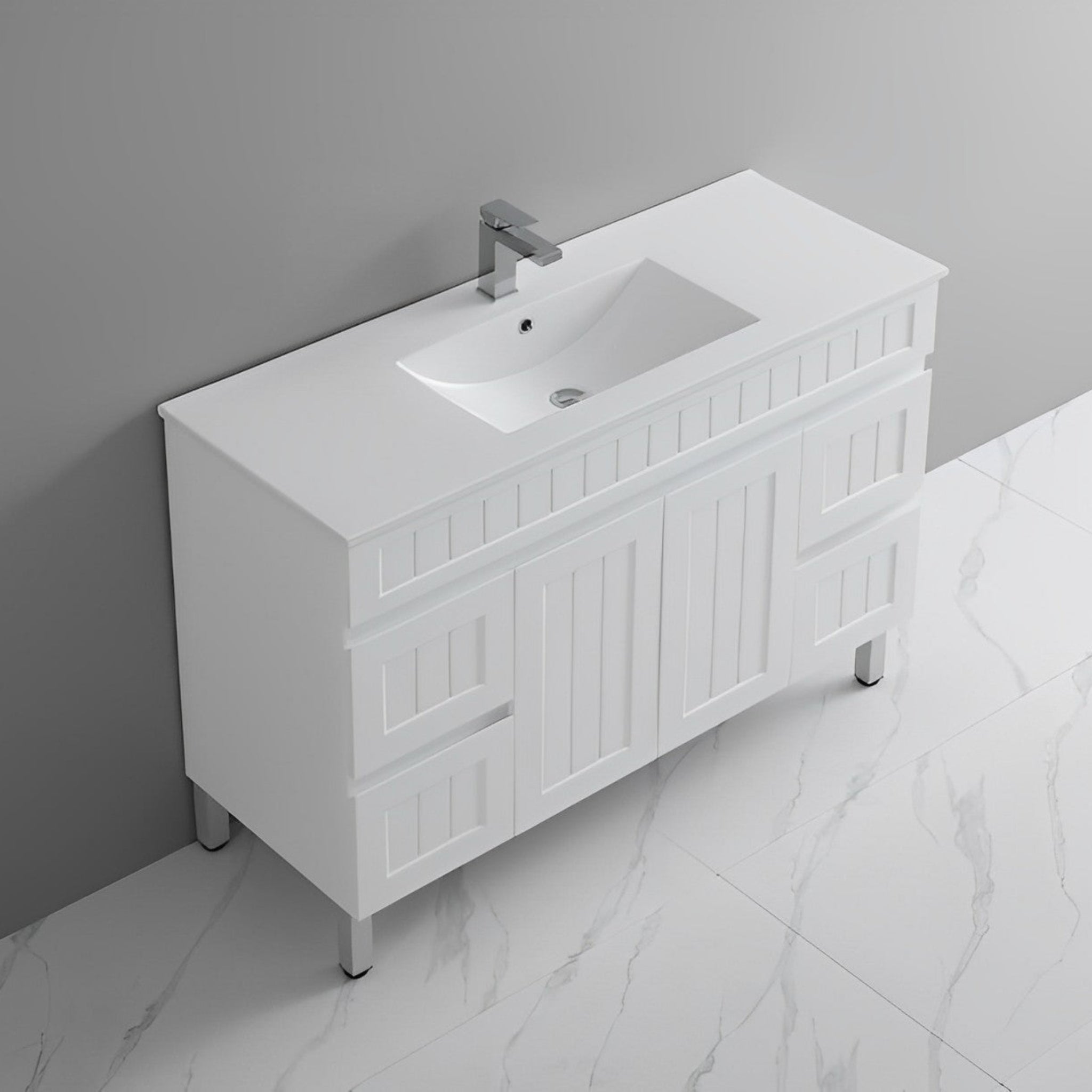 CETO ACACIA SHAKER MATTE WHITE 1200MM SINGLE BOWL FLOOR STANDING VANITY