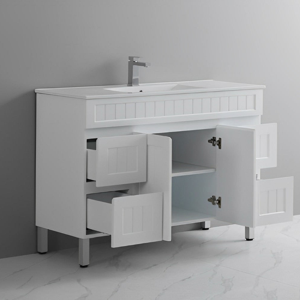 CETO ACACIA SHAKER MATTE WHITE 1200MM SINGLE BOWL FLOOR STANDING VANITY