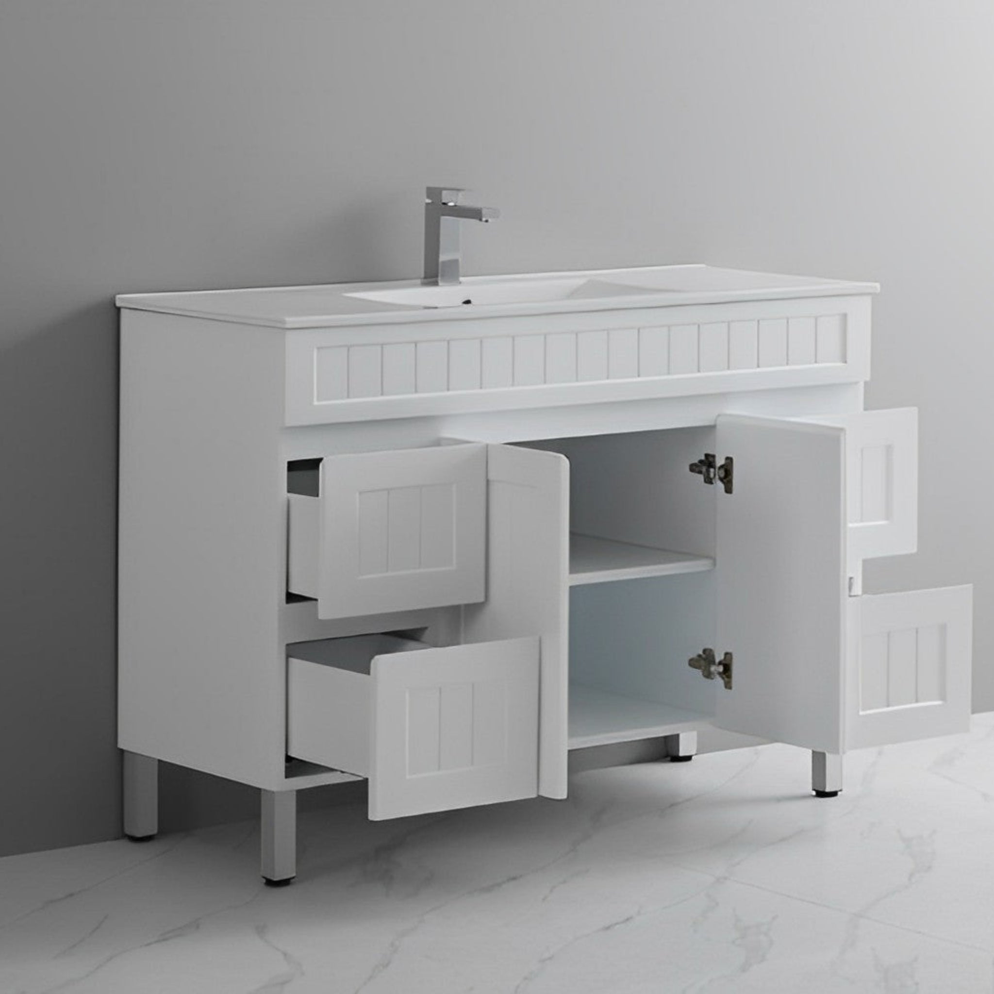 CETO ACACIA SHAKER MATTE WHITE 1200MM SINGLE BOWL FLOOR STANDING VANITY