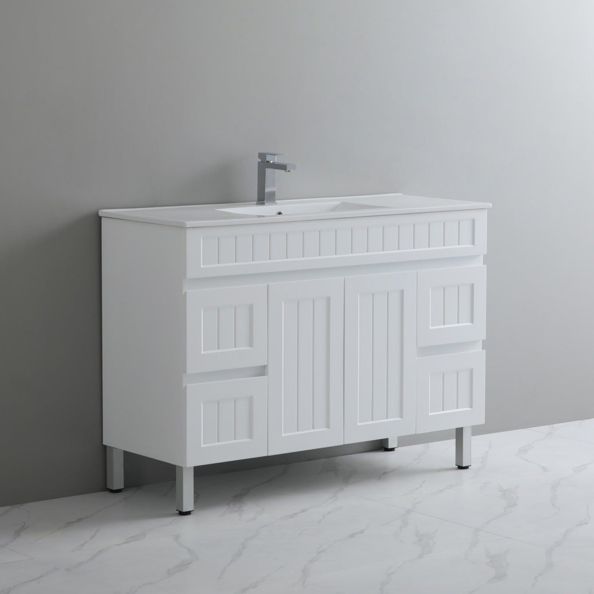 CETO ACACIA SHAKER MATTE WHITE 1500MM SINGLE BOWL FLOOR STANDING VANITY