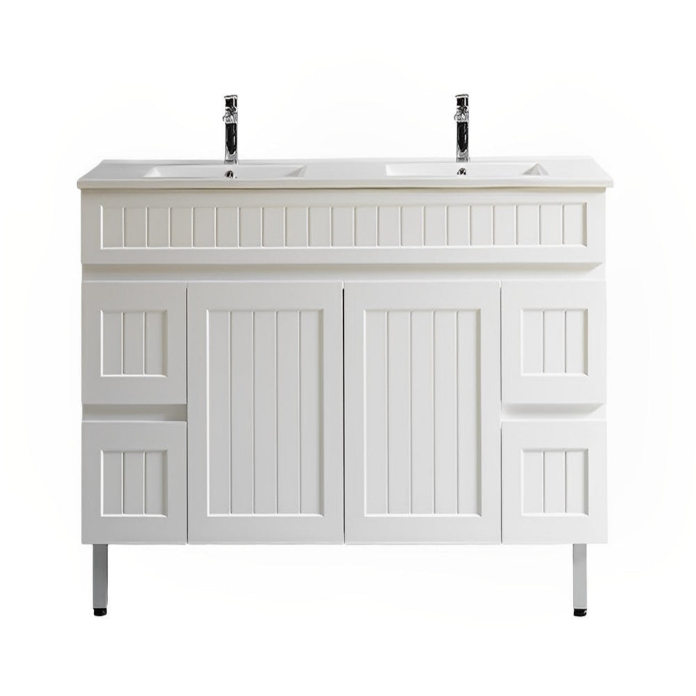 CETO ACACIA SHAKER MATTE WHITE 1500MM DOUBLE BOWL FLOOR STANDING VANITY