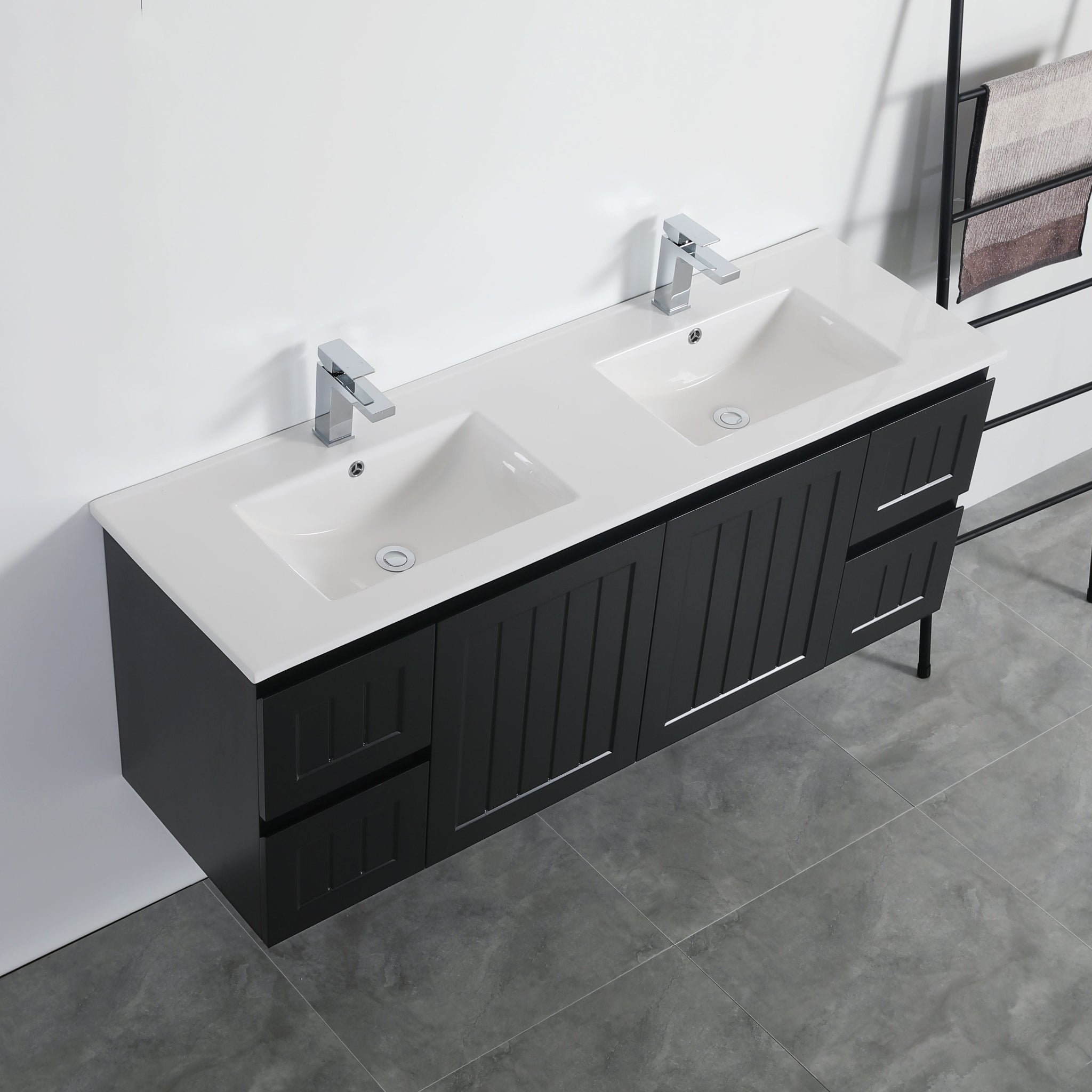 CETO ACACIA SHAKER MATTE BLACK 1500MM DOUBLE BOWL WALL HUNG VANITY