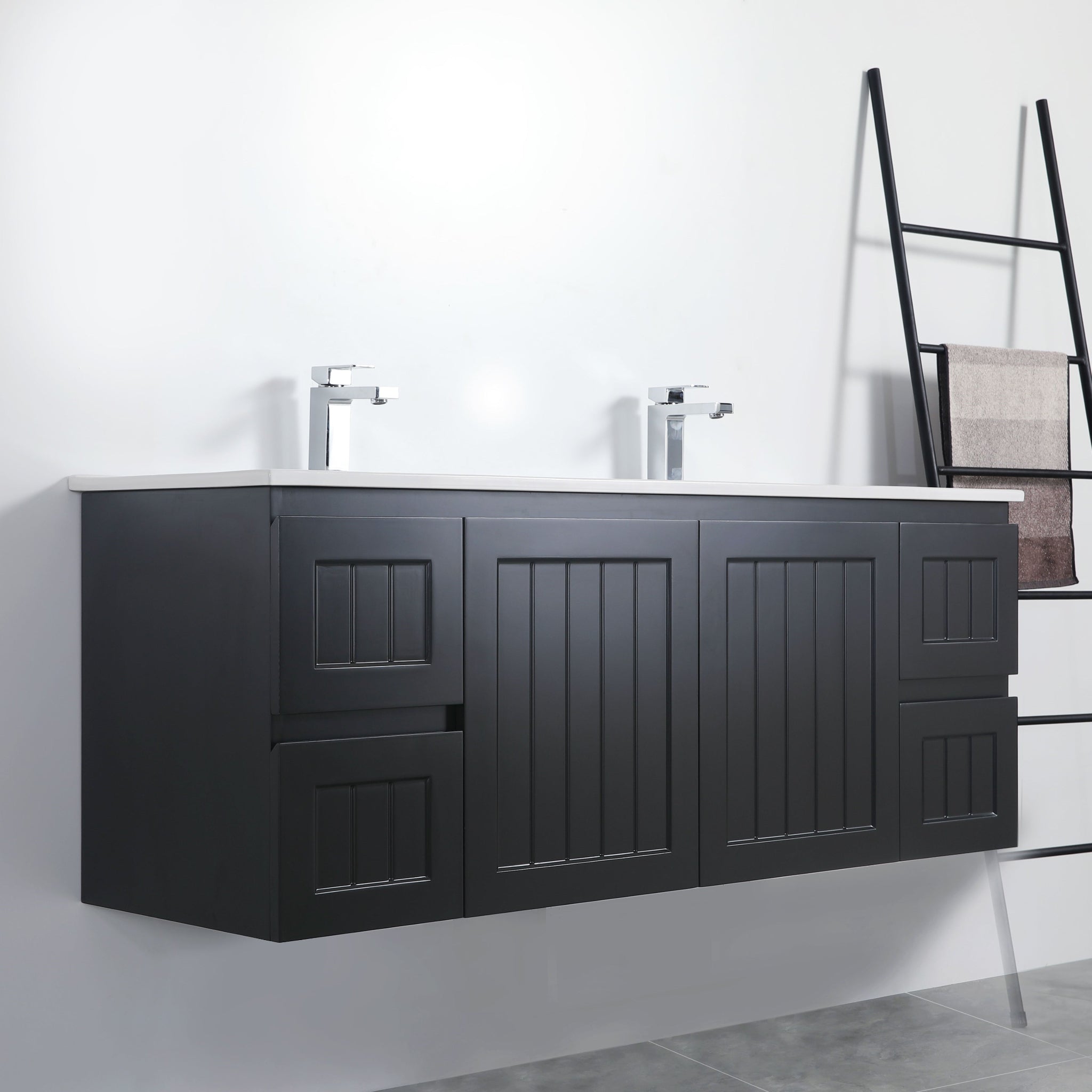CETO ACACIA SHAKER MATTE BLACK 1500MM DOUBLE BOWL WALL HUNG VANITY
