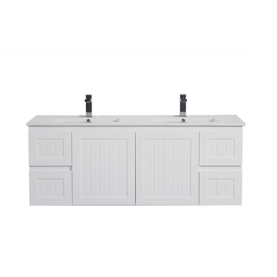 CETO ACACIA SHAKER MATTE WHITE 1500MM DOUBLE BOWL WALL HUNG VANITY