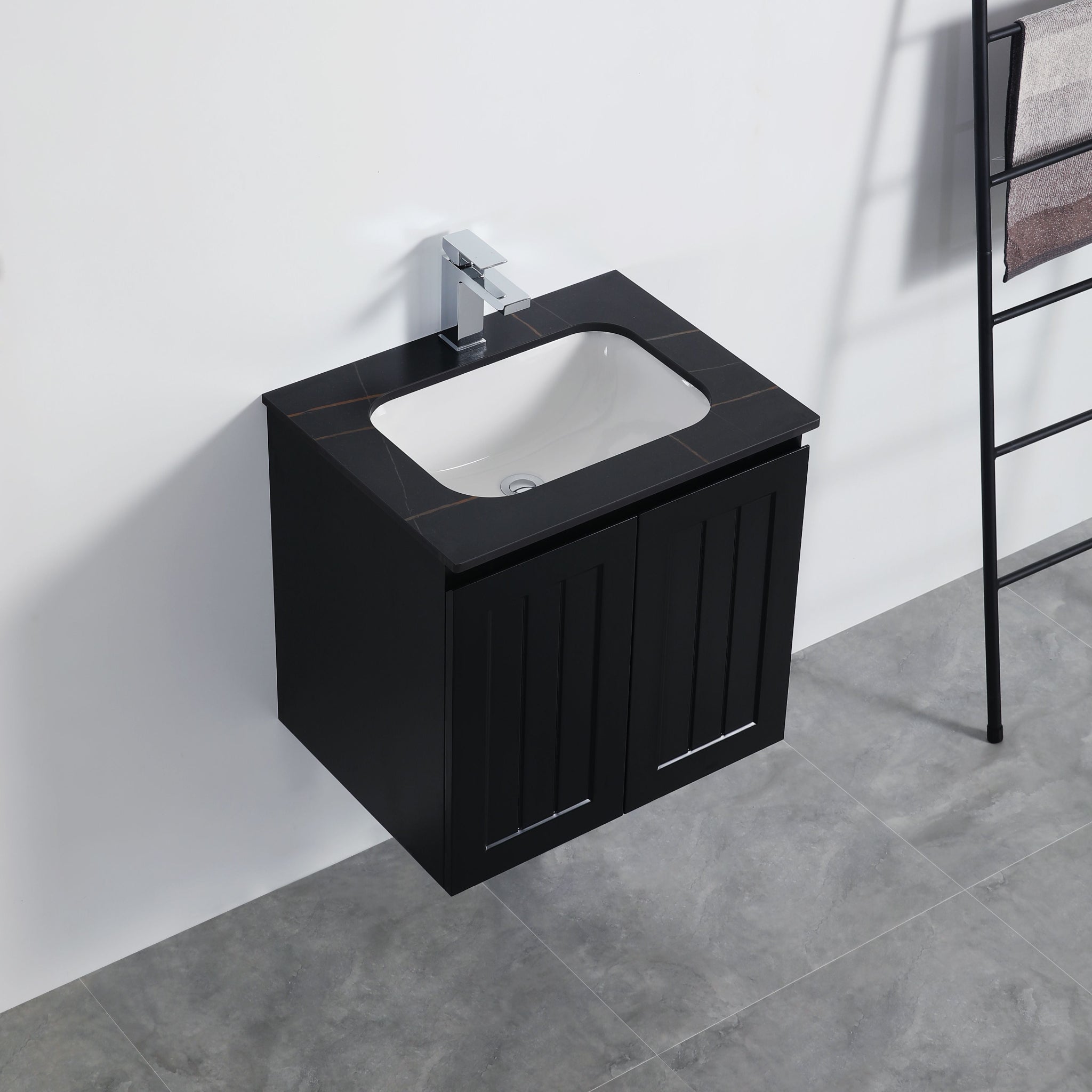 CETO ACACIA SHAKER MATTE BLACK 600MM SINGLE BOWL WALL HUNG VANITY