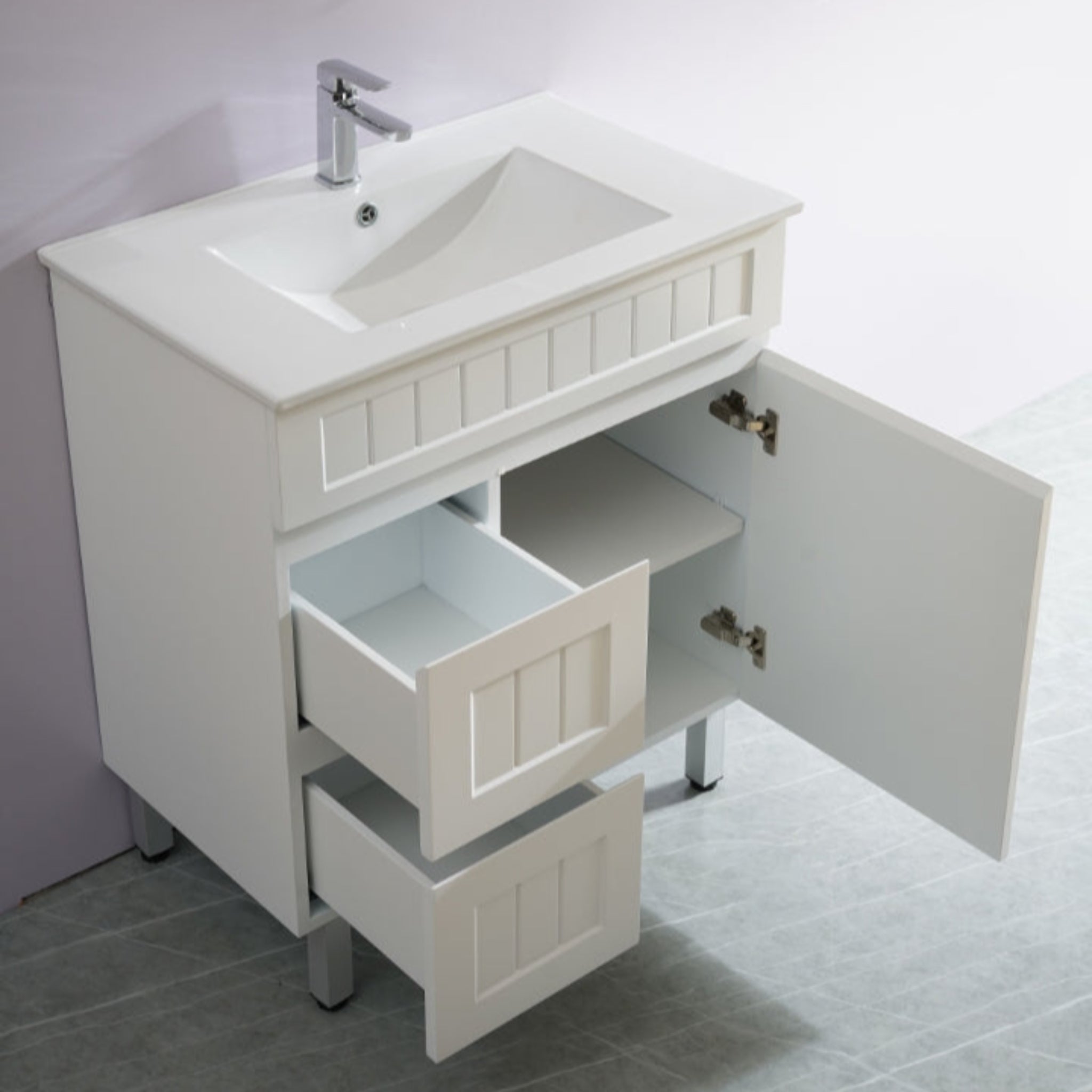 CETO ACACIA SHAKER MATTE WHITE 750MM FLOOR STANDING VANITY (AVAILABLE IN LEFT HAND DRAWER AND RIGHT HAND DRAWER)