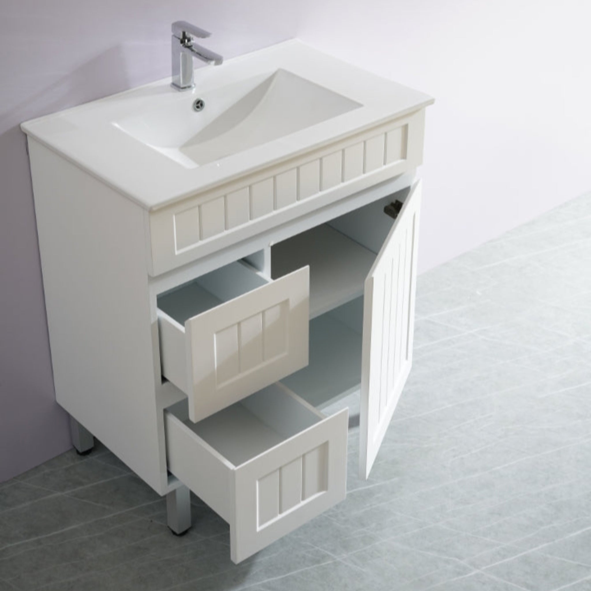 CETO ACACIA SHAKER MATTE WHITE 750MM FLOOR STANDING VANITY (AVAILABLE IN LEFT HAND DRAWER AND RIGHT HAND DRAWER)