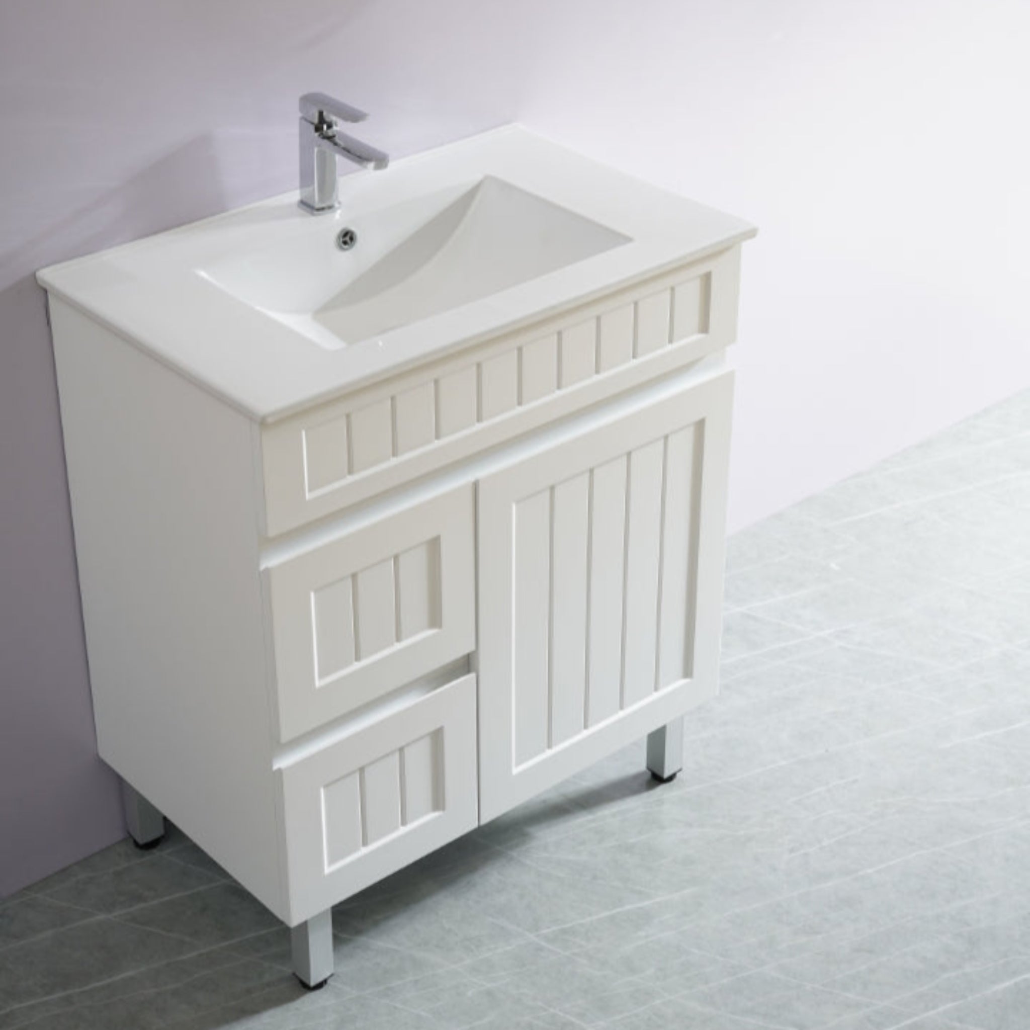 CETO ACACIA SHAKER MATTE WHITE 750MM FLOOR STANDING VANITY (AVAILABLE IN LEFT HAND DRAWER AND RIGHT HAND DRAWER)