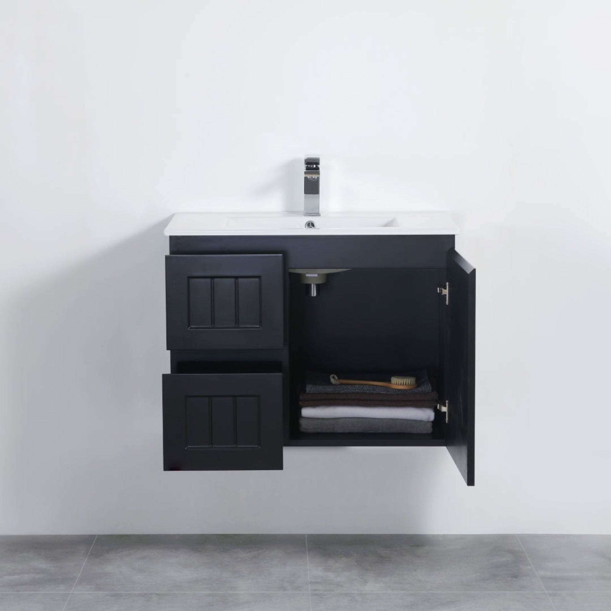 CETO ACACIA SHAKER MATTE BLACK 750MM SINGLE BOWL WALL HUNG VANITY (AVAILABLE IN LEFT AND RIGHT HAND DRAWER)