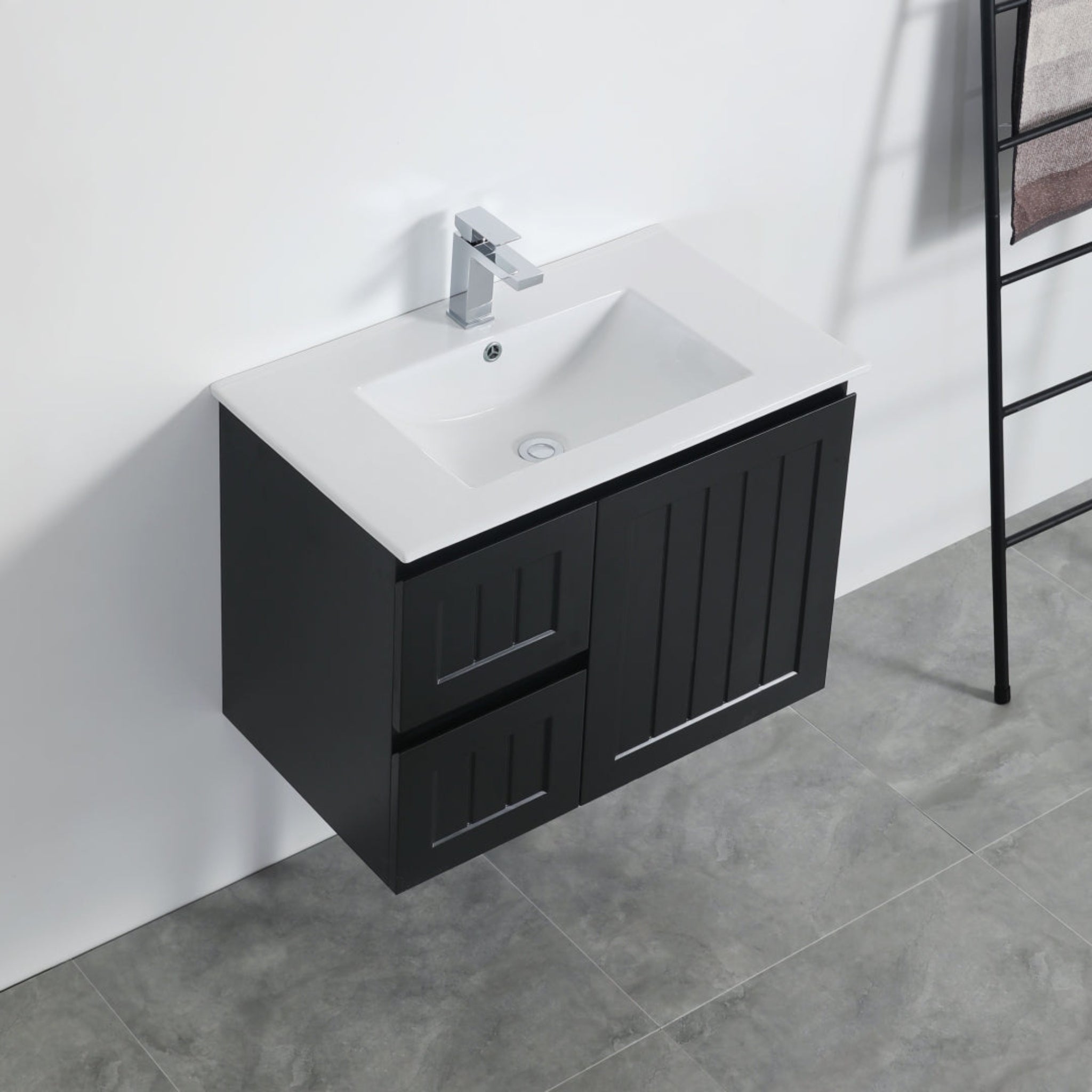 CETO ACACIA SHAKER MATTE BLACK 750MM SINGLE BOWL WALL HUNG VANITY (AVAILABLE IN LEFT AND RIGHT HAND DRAWER)
