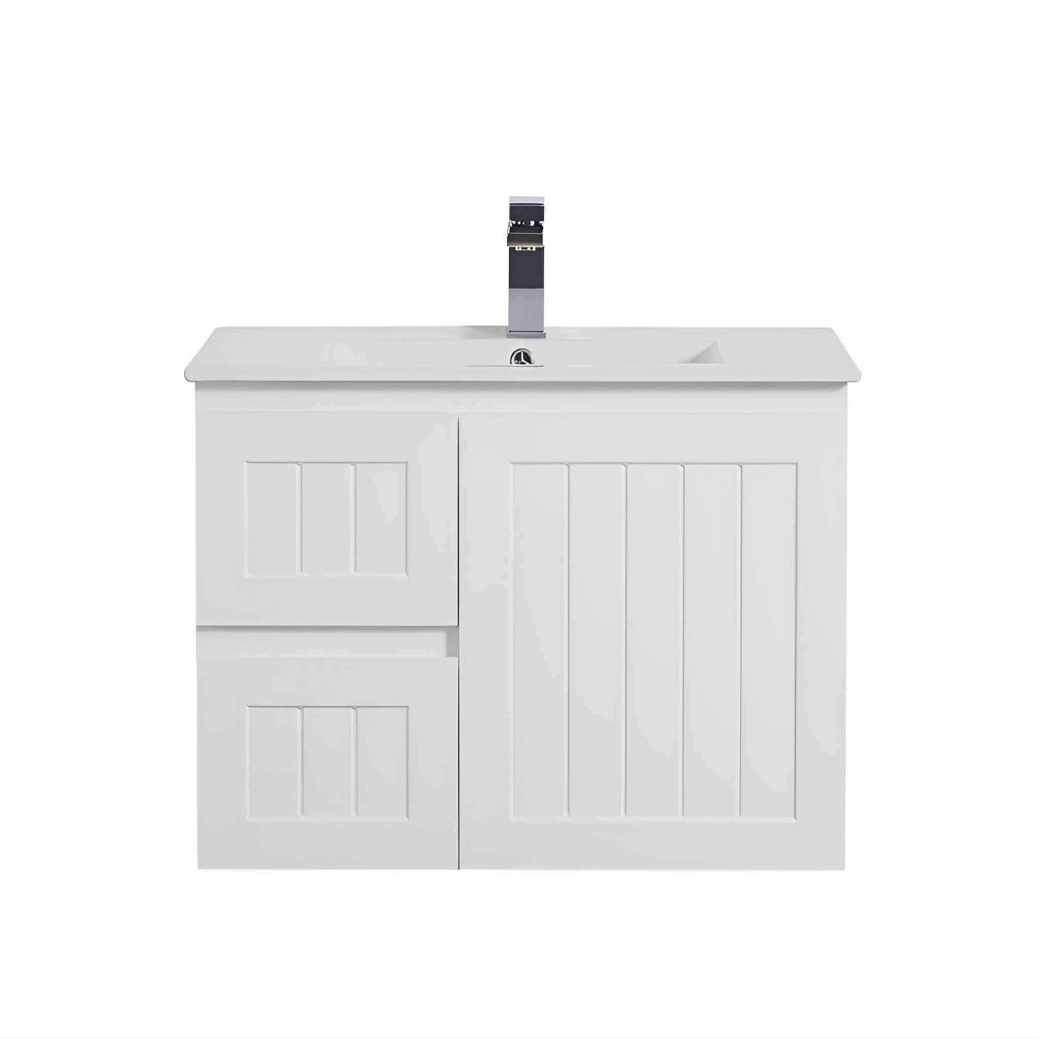 CETO ACACIA SHAKER MATTE WHITE 750MM SINGLE BOWL WALL HUNG VANITY (AVAILABLE IN LEFT AND RIGHT HAND DRAWER)