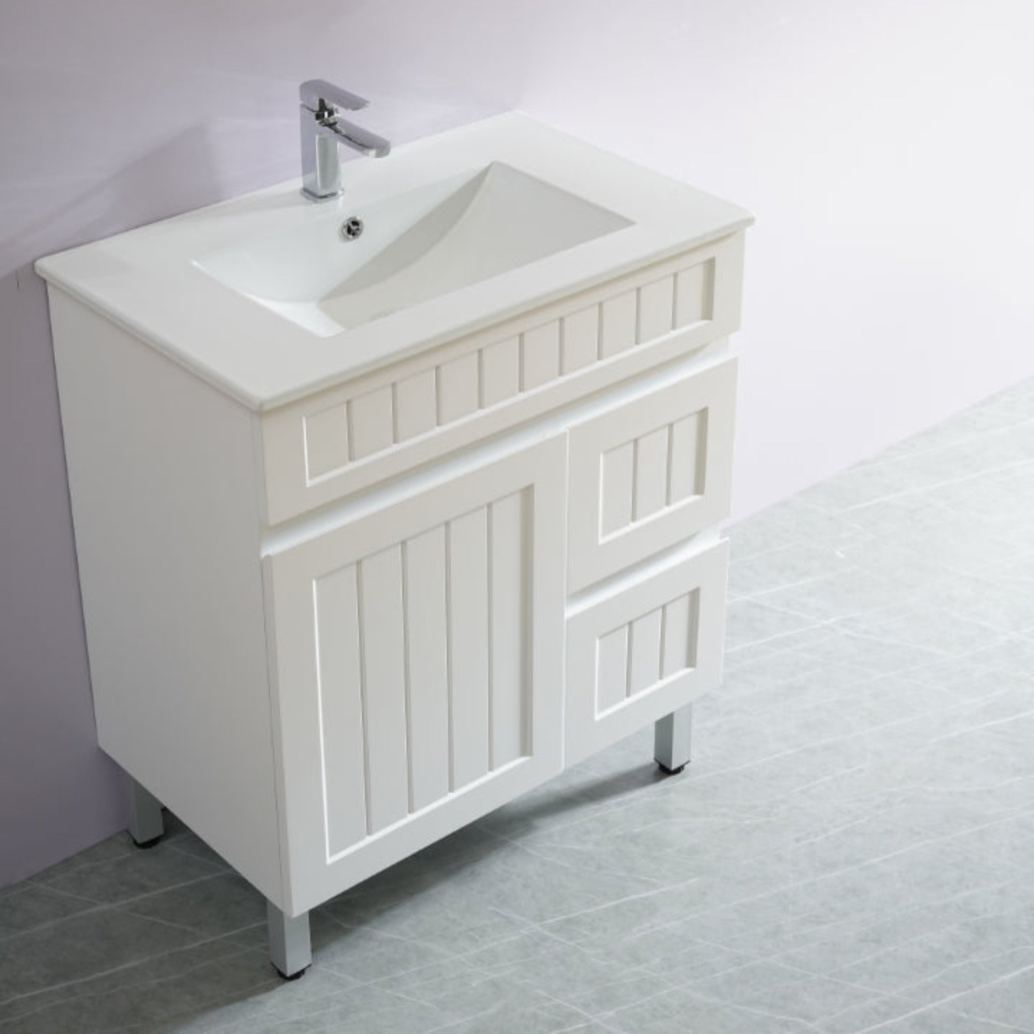 CETO ACACIA SHAKER MATTE WHITE 750MM FLOOR STANDING VANITY (AVAILABLE IN LEFT HAND DRAWER AND RIGHT HAND DRAWER)