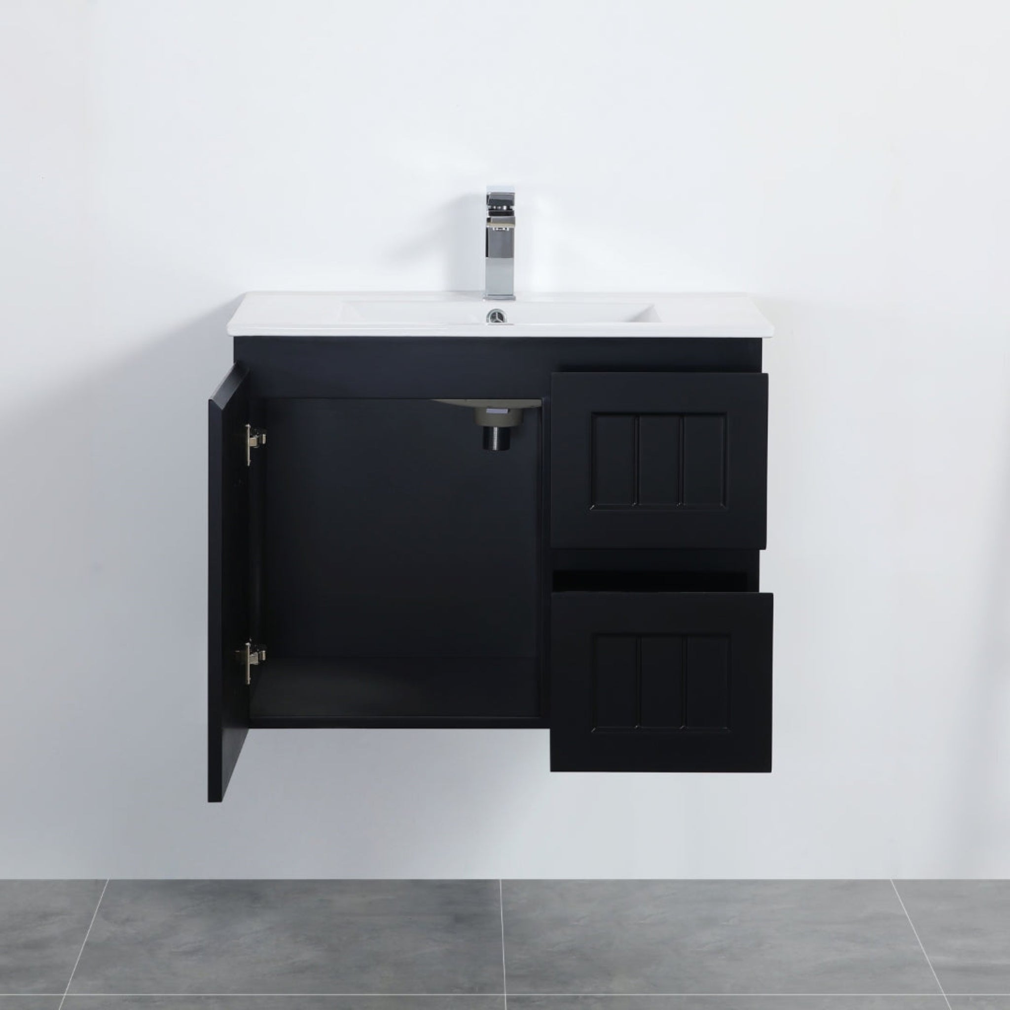 CETO ACACIA SHAKER MATTE BLACK 750MM SINGLE BOWL WALL HUNG VANITY (AVAILABLE IN LEFT AND RIGHT HAND DRAWER)