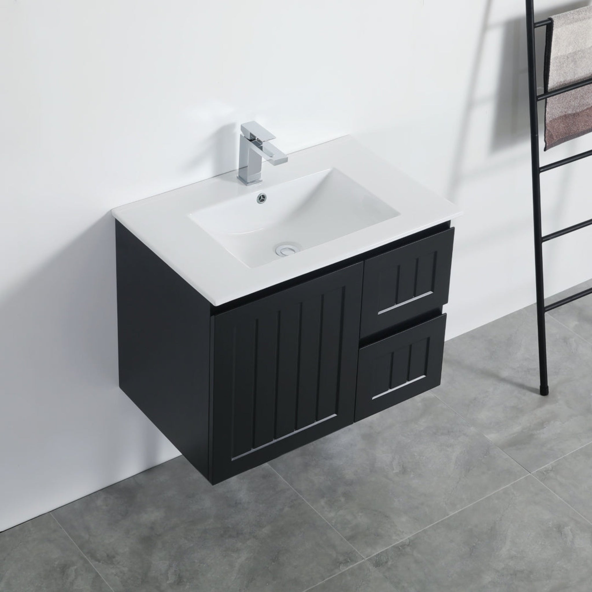 CETO ACACIA SHAKER MATTE BLACK 750MM SINGLE BOWL WALL HUNG VANITY (AVAILABLE IN LEFT AND RIGHT HAND DRAWER)