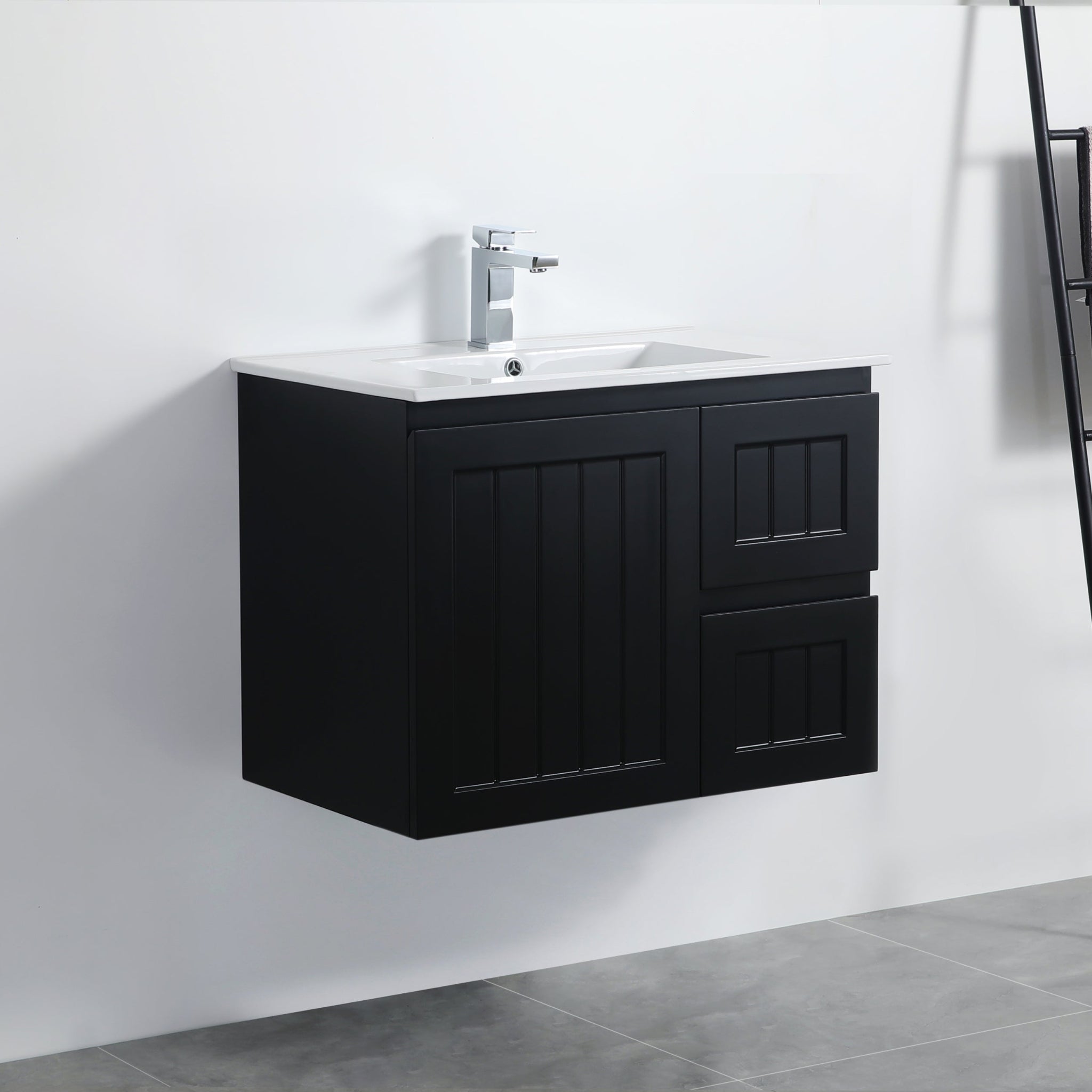 CETO ACACIA SHAKER MATTE BLACK 750MM SINGLE BOWL WALL HUNG VANITY (AVAILABLE IN LEFT AND RIGHT HAND DRAWER)