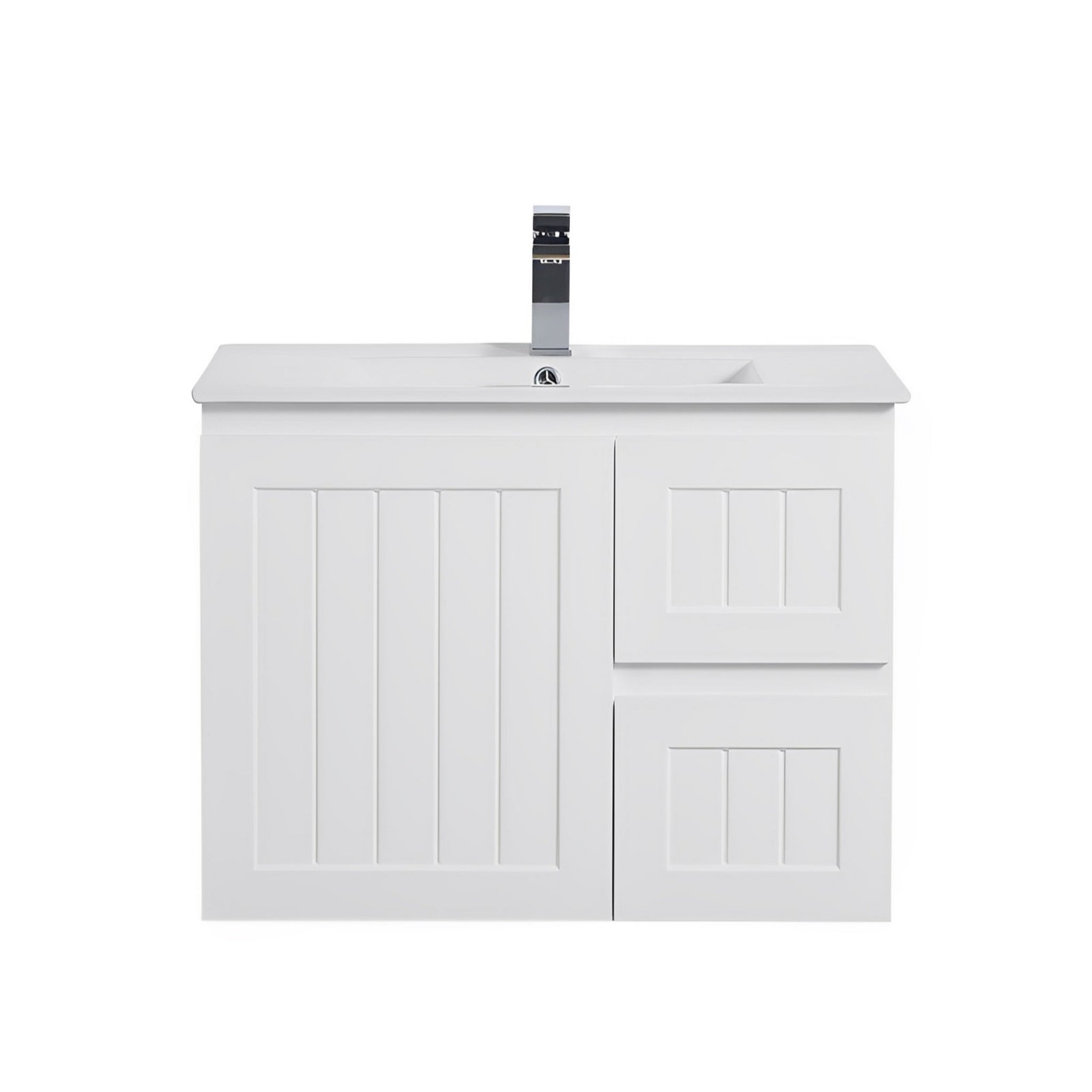 CETO ACACIA SHAKER MATTE WHITE 750MM SINGLE BOWL WALL HUNG VANITY (AVAILABLE IN LEFT AND RIGHT HAND DRAWER)