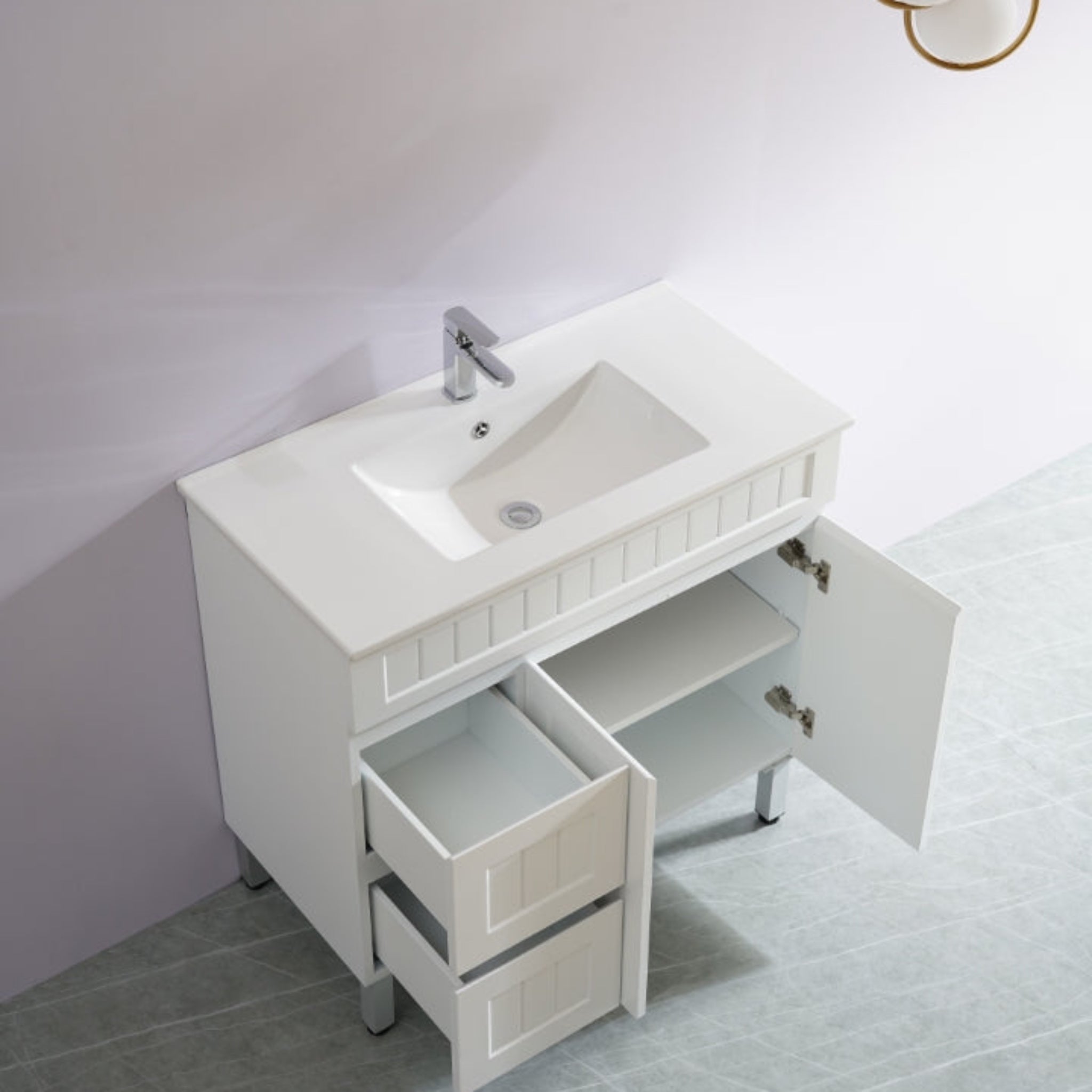 CETO ACACIA SHAKER MATTE WHITE 900MM SINGLE BOWL FLOOR STANDING VANITY (AVAILABLE IN LEFT AND RIGHT HAND DRAWER)