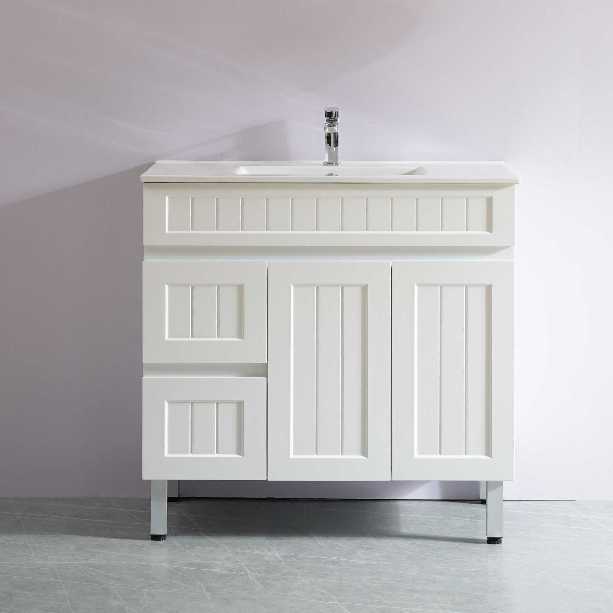 CETO ACACIA SHAKER MATTE WHITE 900MM SINGLE BOWL FLOOR STANDING VANITY (AVAILABLE IN LEFT AND RIGHT HAND DRAWER)