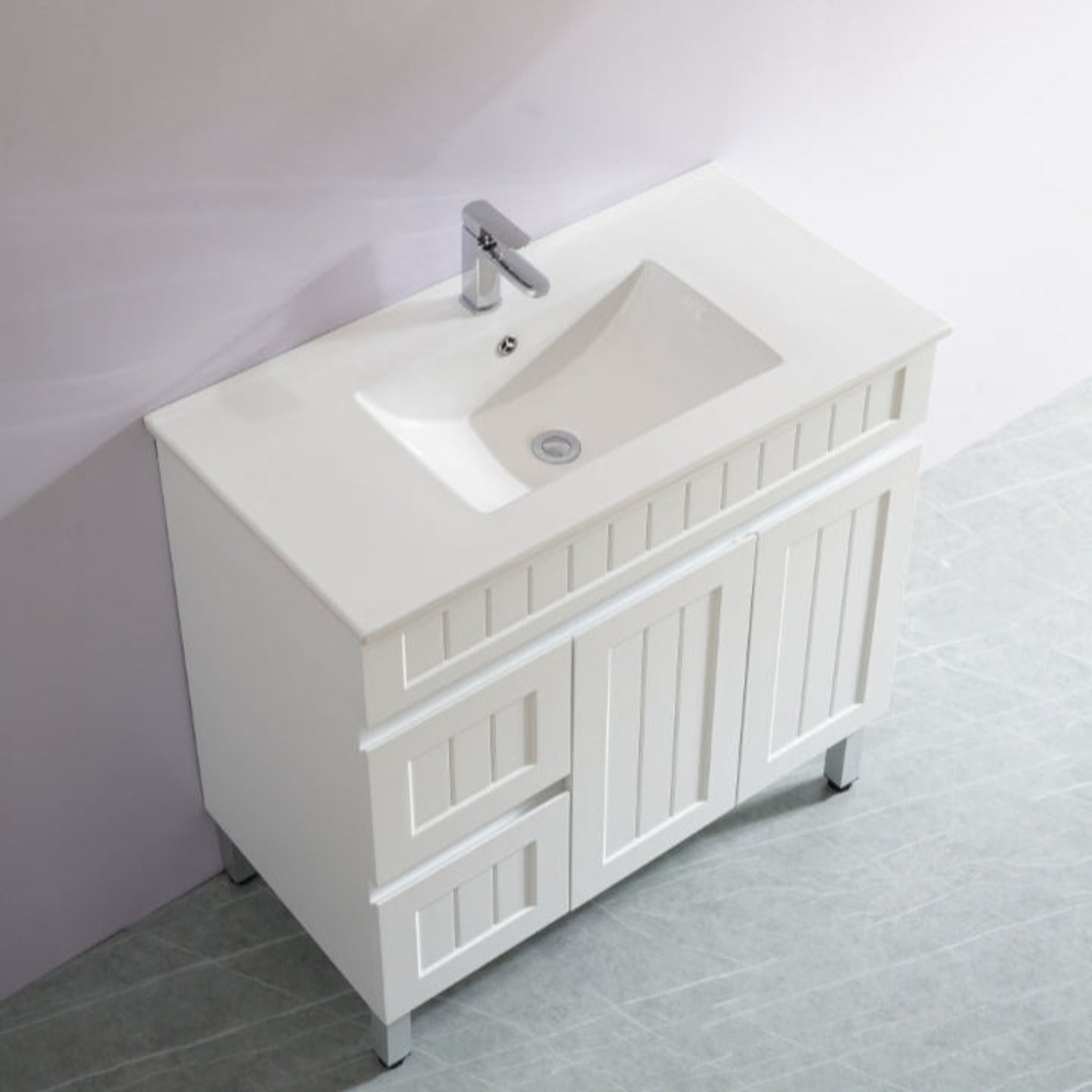 CETO ACACIA SHAKER MATTE WHITE 900MM SINGLE BOWL FLOOR STANDING VANITY (AVAILABLE IN LEFT AND RIGHT HAND DRAWER)