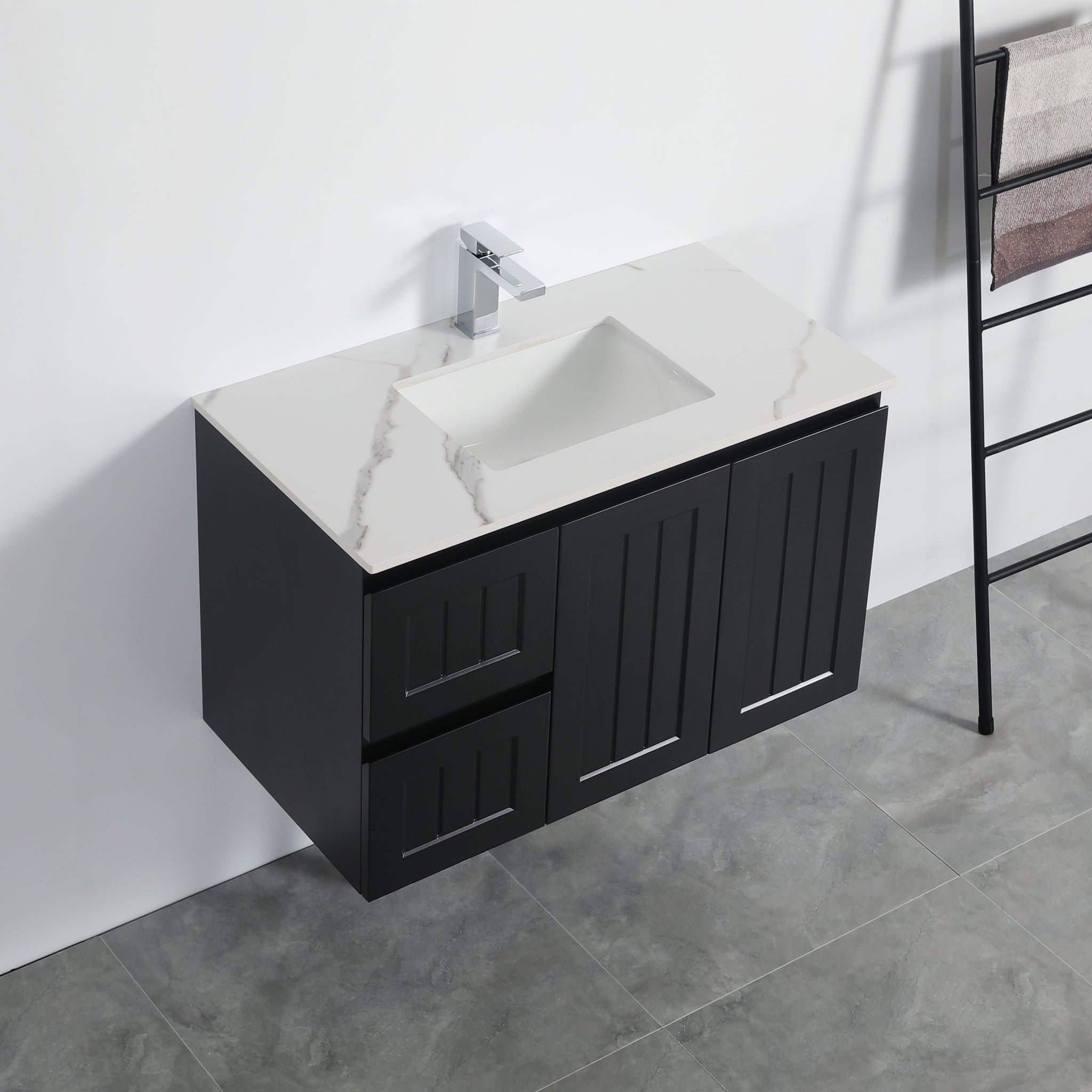 CETO ACACIA SHAKER MATTE BLACK 900MM WALL HUNG VANITY (AVAILABLE IN LEFT HAND DRAWER AND RIGHT HAND DRAWER)