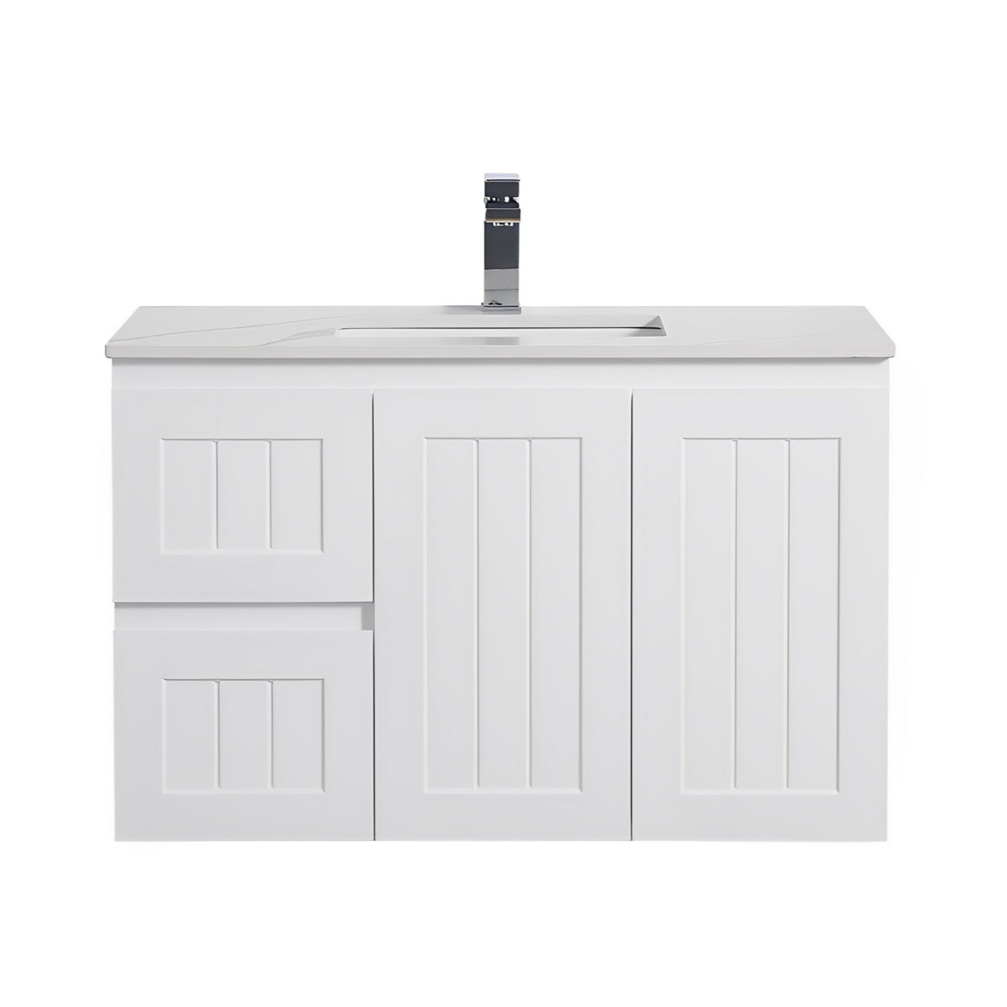 CETO ACACIA SHAKER MATTE WHITE 900MM SINGLE BOWL WALL HUNG VANITY (AVAILABLE IN LEFT AND RIGHT HAND DRAWER)