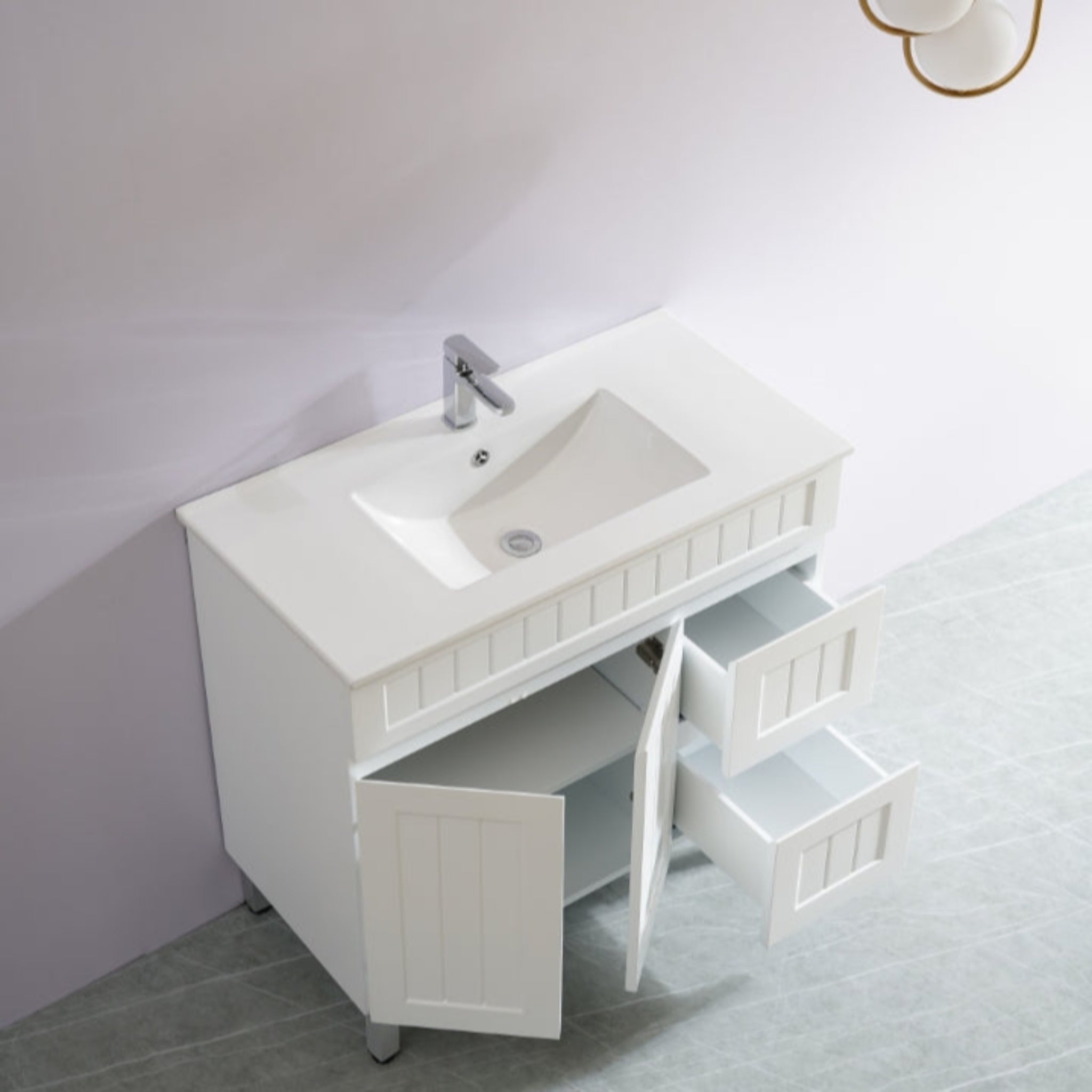 CETO ACACIA SHAKER MATTE WHITE 900MM SINGLE BOWL FLOOR STANDING VANITY (AVAILABLE IN LEFT AND RIGHT HAND DRAWER)