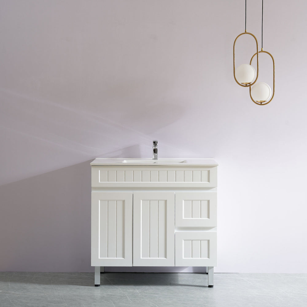 CETO ACACIA SHAKER MATTE WHITE 900MM SINGLE BOWL FLOOR STANDING VANITY (AVAILABLE IN LEFT AND RIGHT HAND DRAWER)