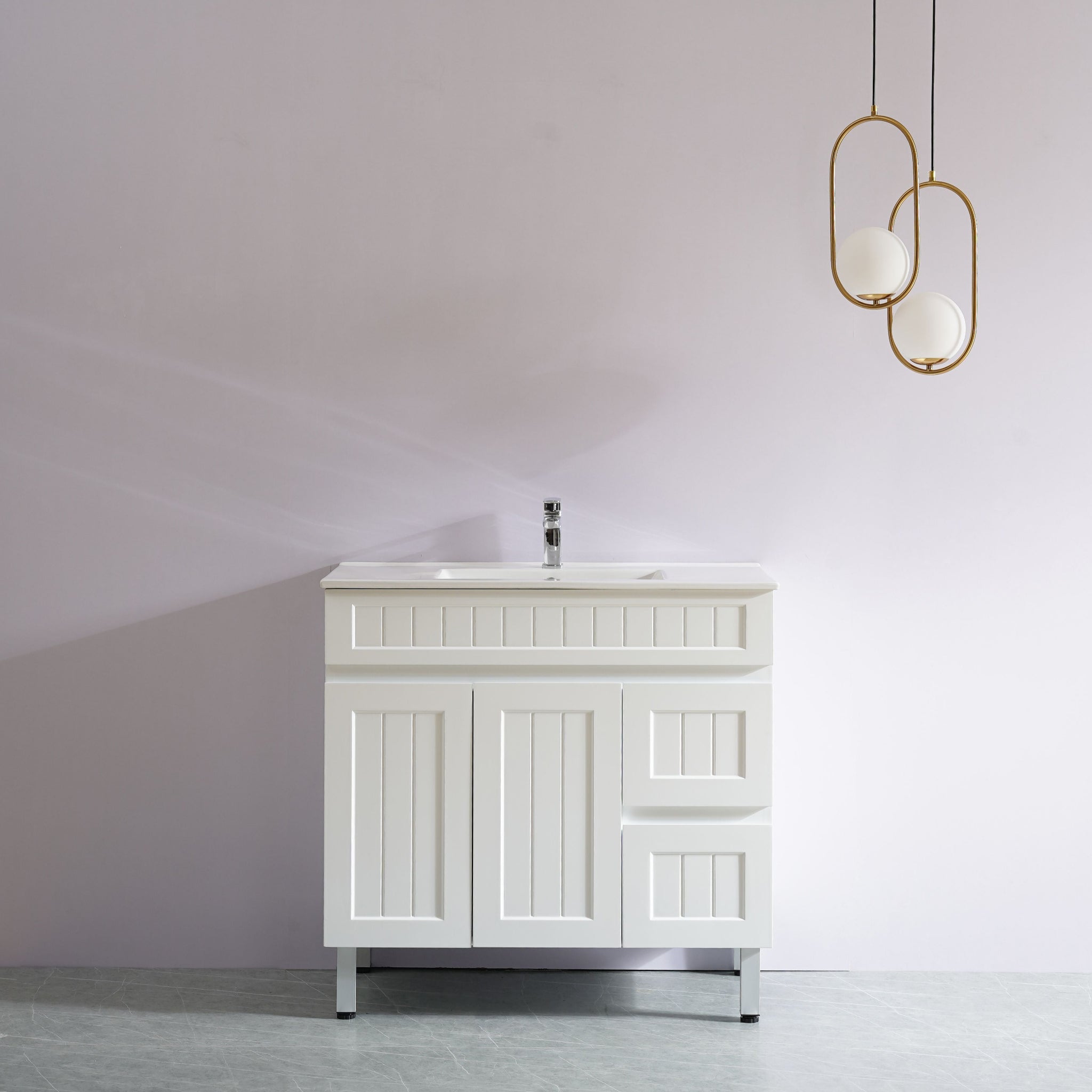 CETO ACACIA SHAKER MATTE WHITE 900MM SINGLE BOWL FLOOR STANDING VANITY (AVAILABLE IN LEFT AND RIGHT HAND DRAWER)