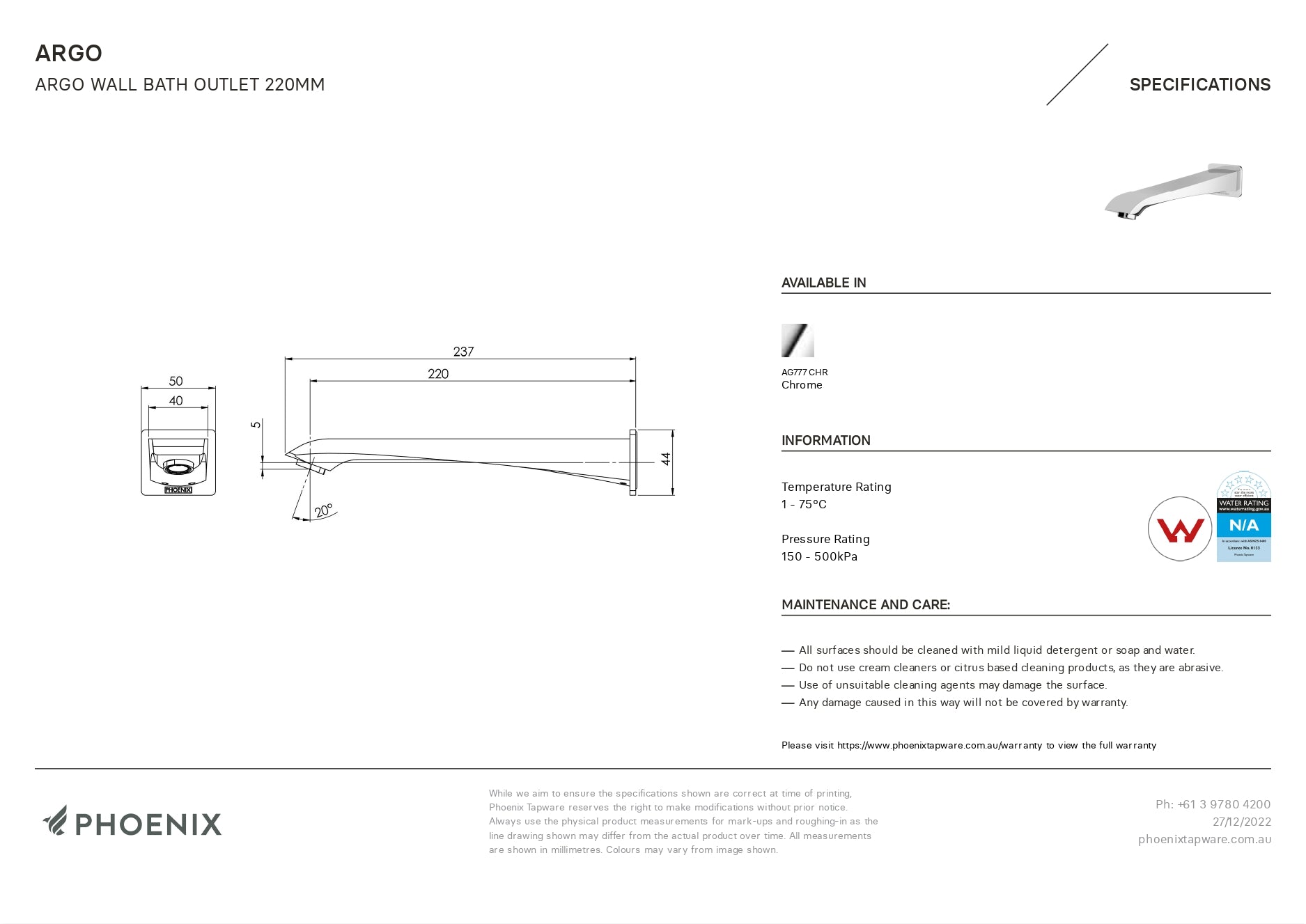 PHOENIX AGRO WALL BATH OUTLET 220MM CHROME