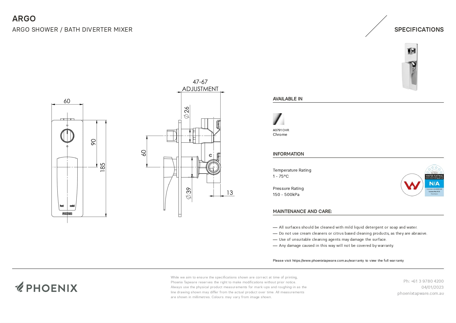 PHOENIX AGRO SHOWER / BATH DIVERTER MIXER CHROME
