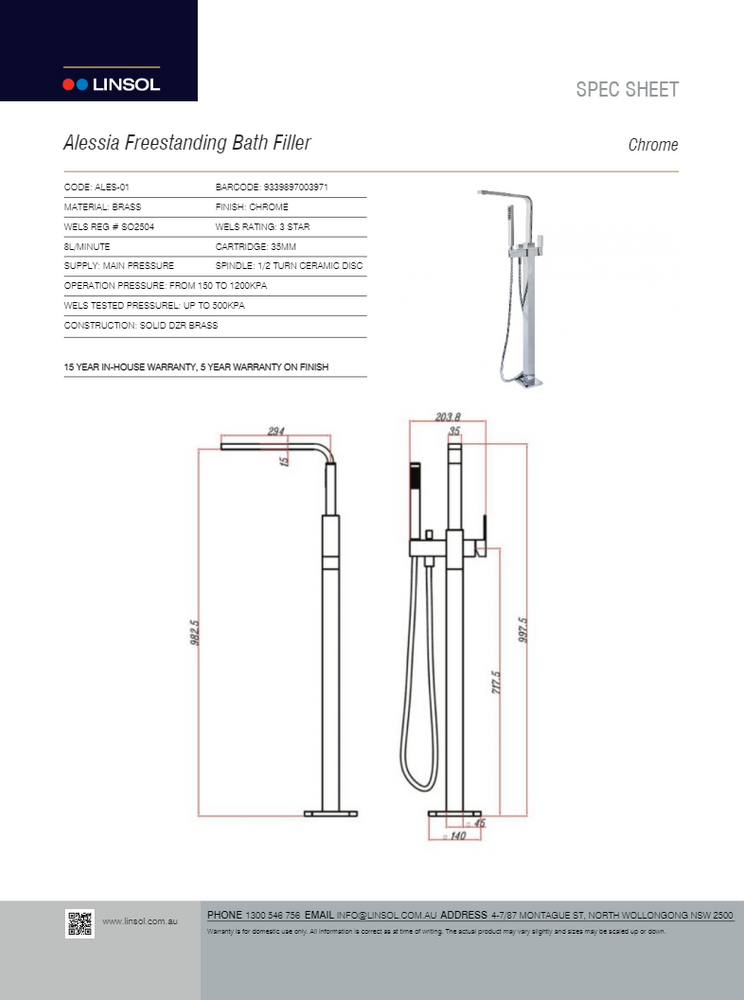 LINSOL ALESSIA FREESTANDING BATH FILLER CHROME