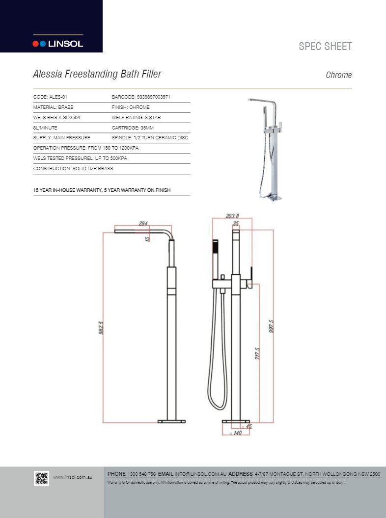 LINSOL ALESSIA FREESTANDING BATH FILLER CHROME