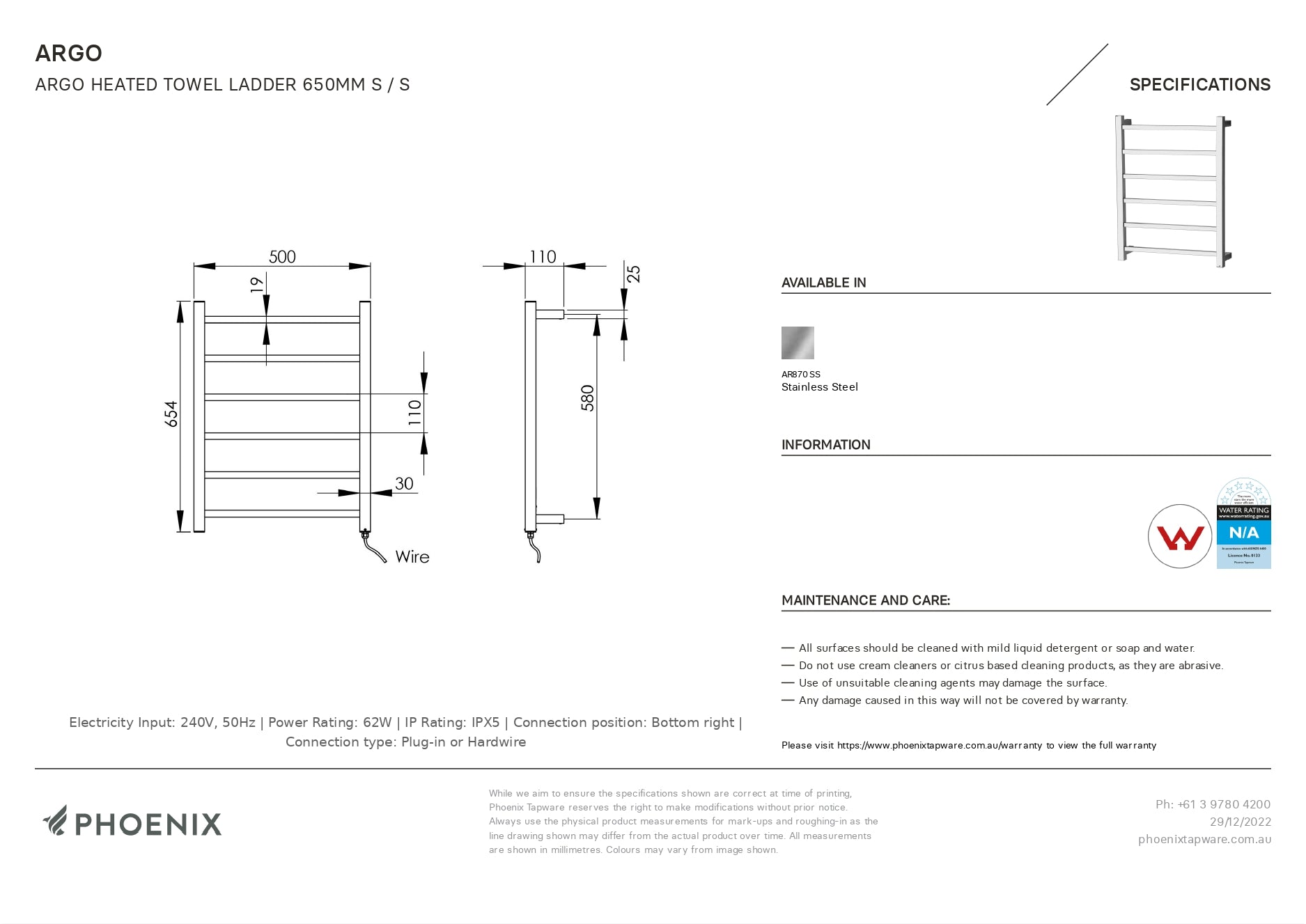 PHOENIX ARGO 6-BARS HEATED TOWEL LADDER STAINLESS STEEL 500MM