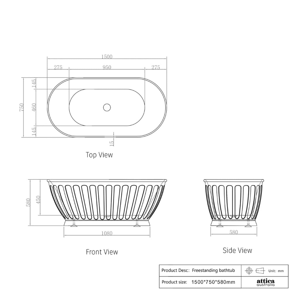 ATTICA KENSINGTON FREESTANDING BATHTUB GLOSS WHITE (AVAILABLE IN 1500MM AND 1700MM)