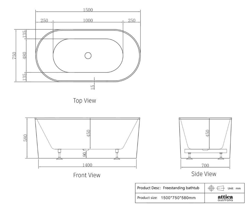 ATTICA NOOSA FREESTANDING BATHTUB GLOSS WHITE (AVAILABLE IN 1500MM AND 1700MM)