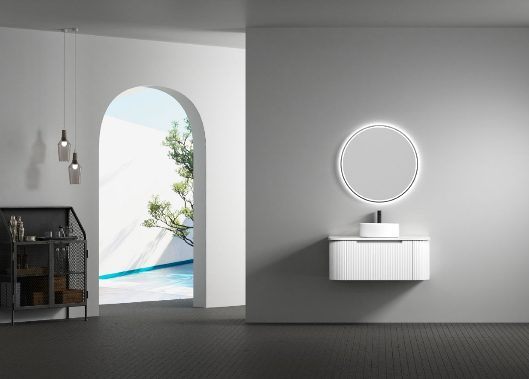 AULIC PETRA CURVED MATTE WHITE 900MM SINGLE BOWL WALL HUNG VANITY W/ GERMAN HETTICH RUNNERS