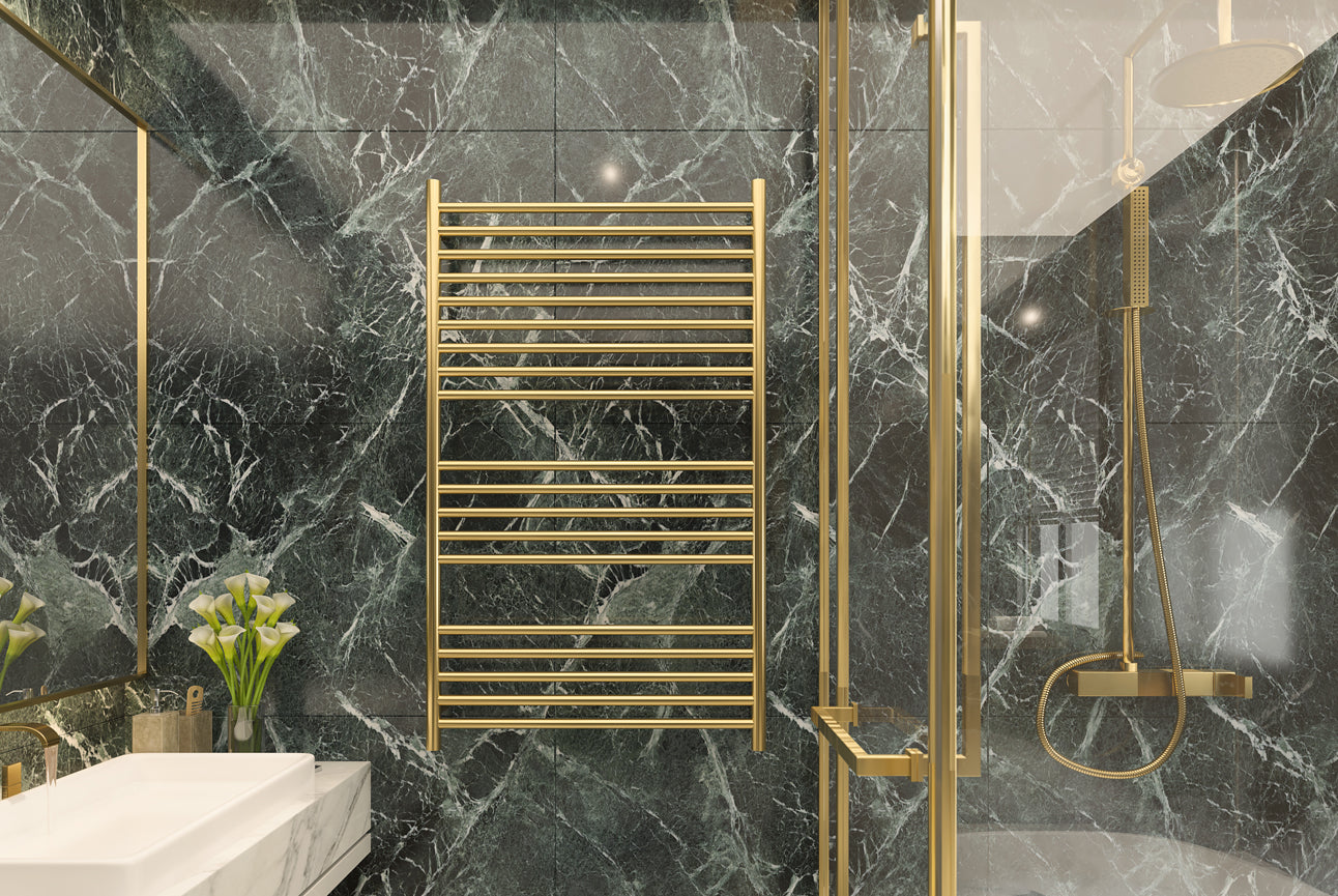 LINSOL ALLEGRA 19 BAR WIDE HEATED TOWEL RAIL BRUSHED BRASS 1200MM